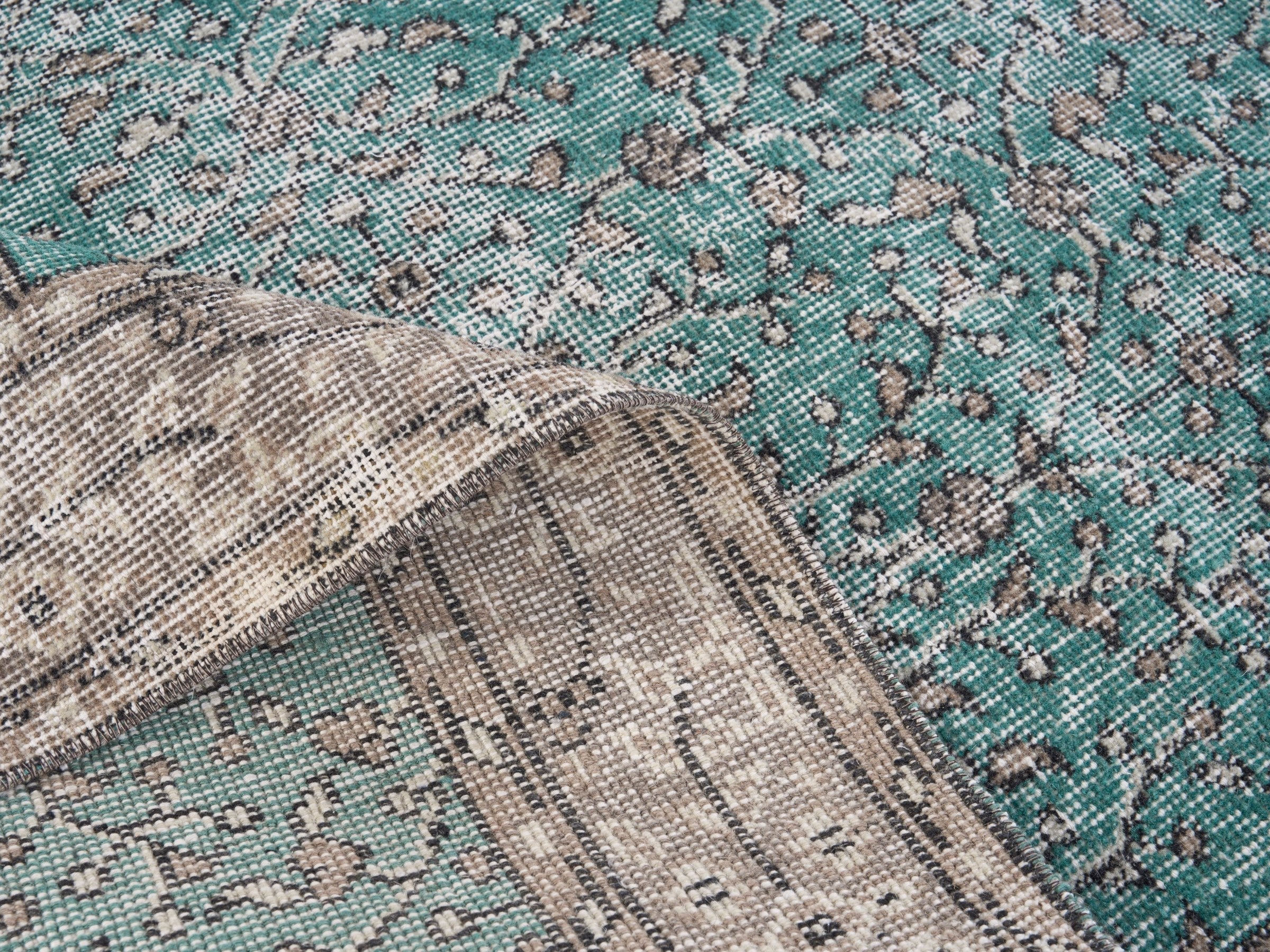 Turkish Isparta area rug in teal and greige, view 9 of 10
