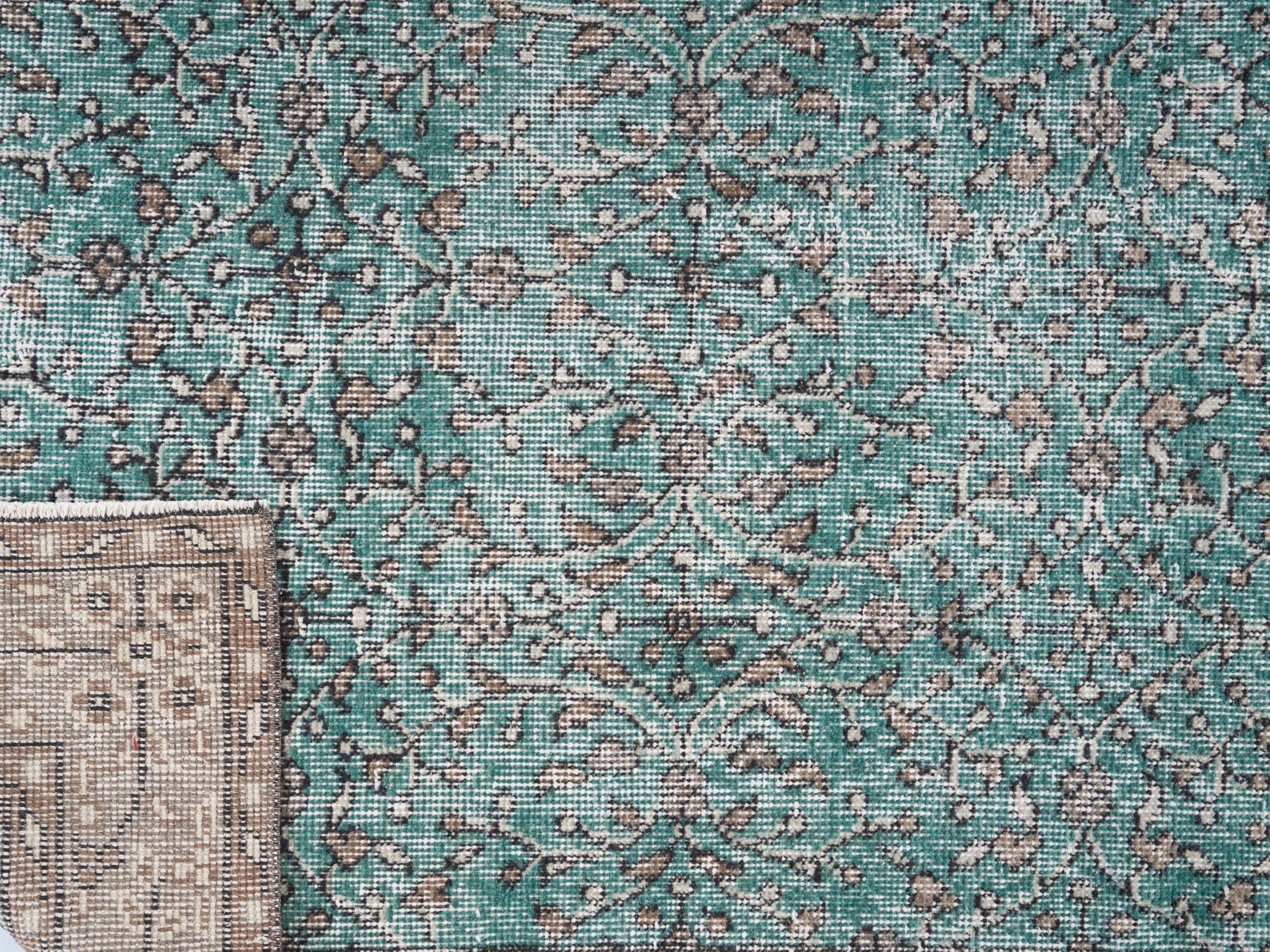 Turkish Isparta area rug in teal and greige, view 10 of 10
