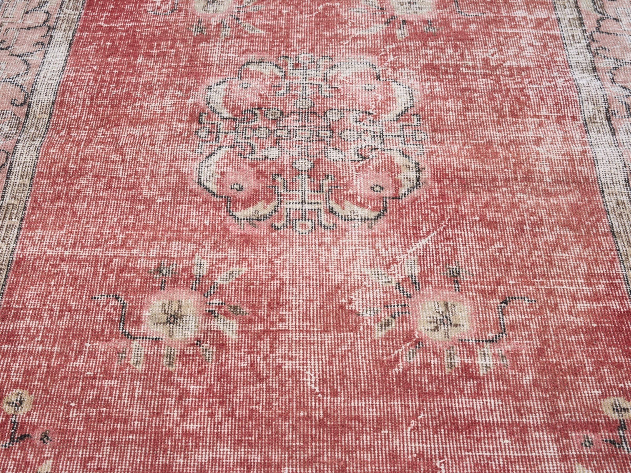 Turkish Isparta area rug in faded red and greige, view 4 of 10