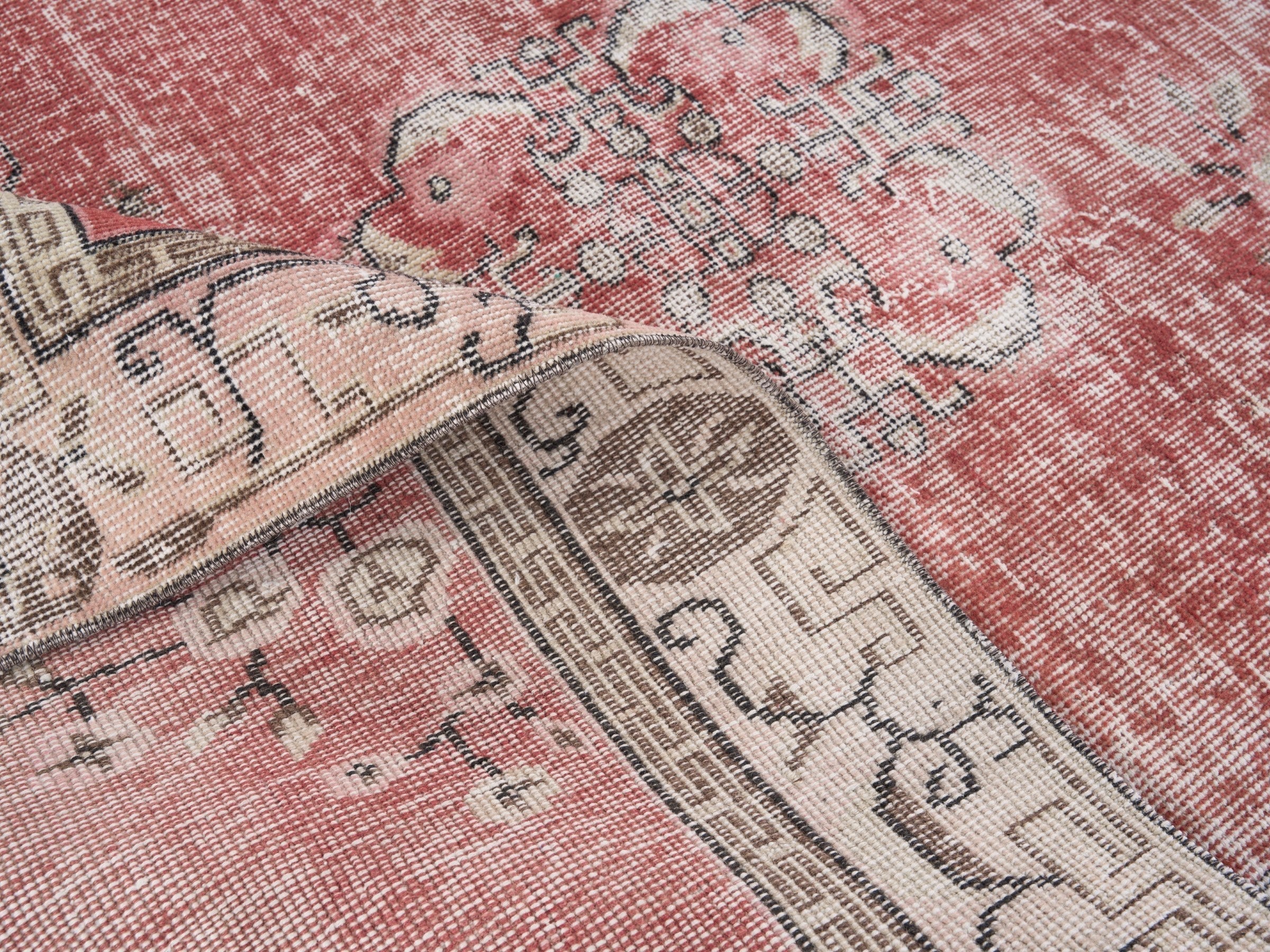 Turkish Isparta area rug in faded red and greige, view 9 of 10