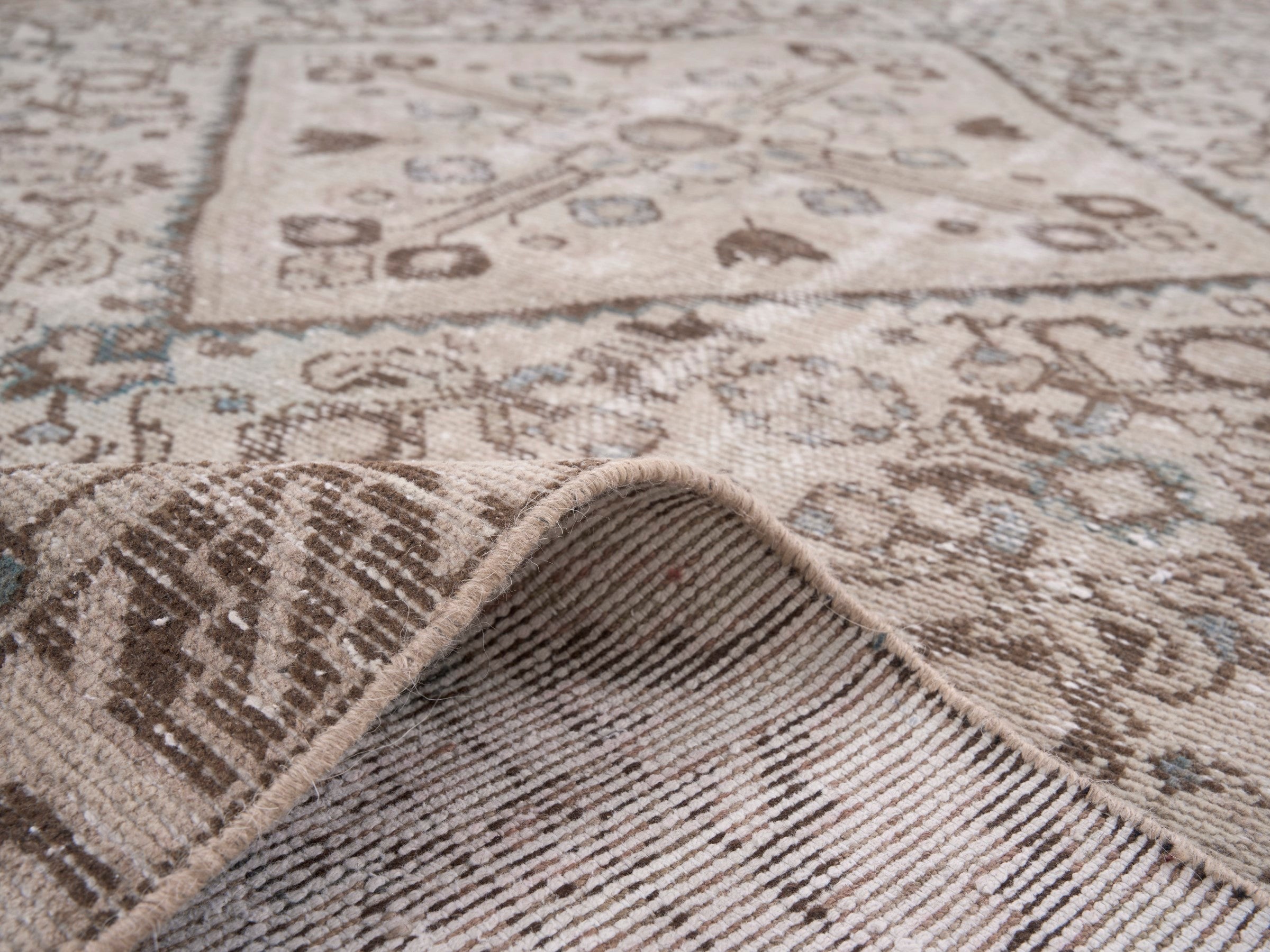 Persian Hamedan area rug in taupe and greige, view 9 of 10