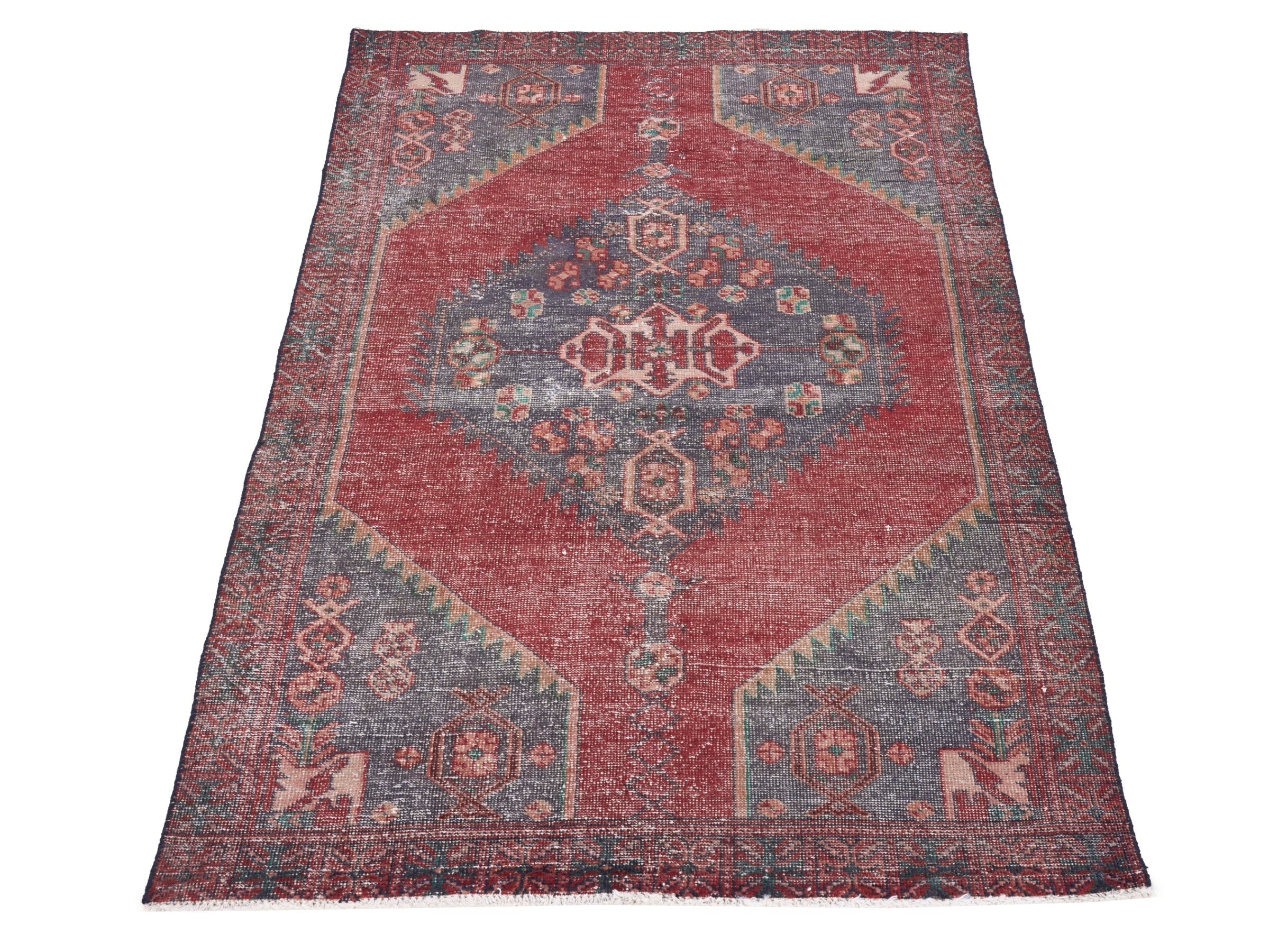 Persian Zanjan area rug in burgundy and slate blue, view 2 of 10