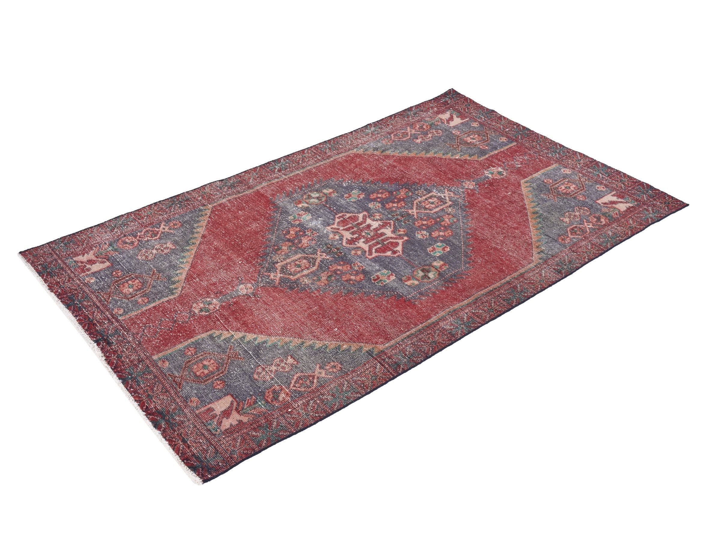 Persian Zanjan area rug in burgundy and slate blue, view 3 of 10