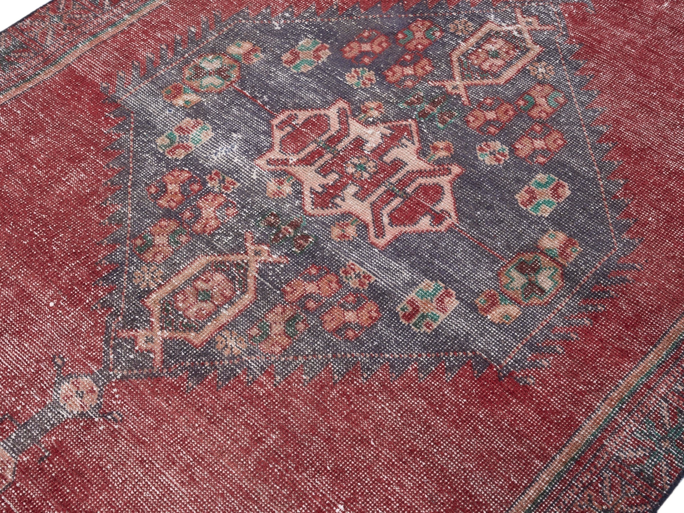 Persian Zanjan area rug in burgundy and slate blue, view 5 of 10