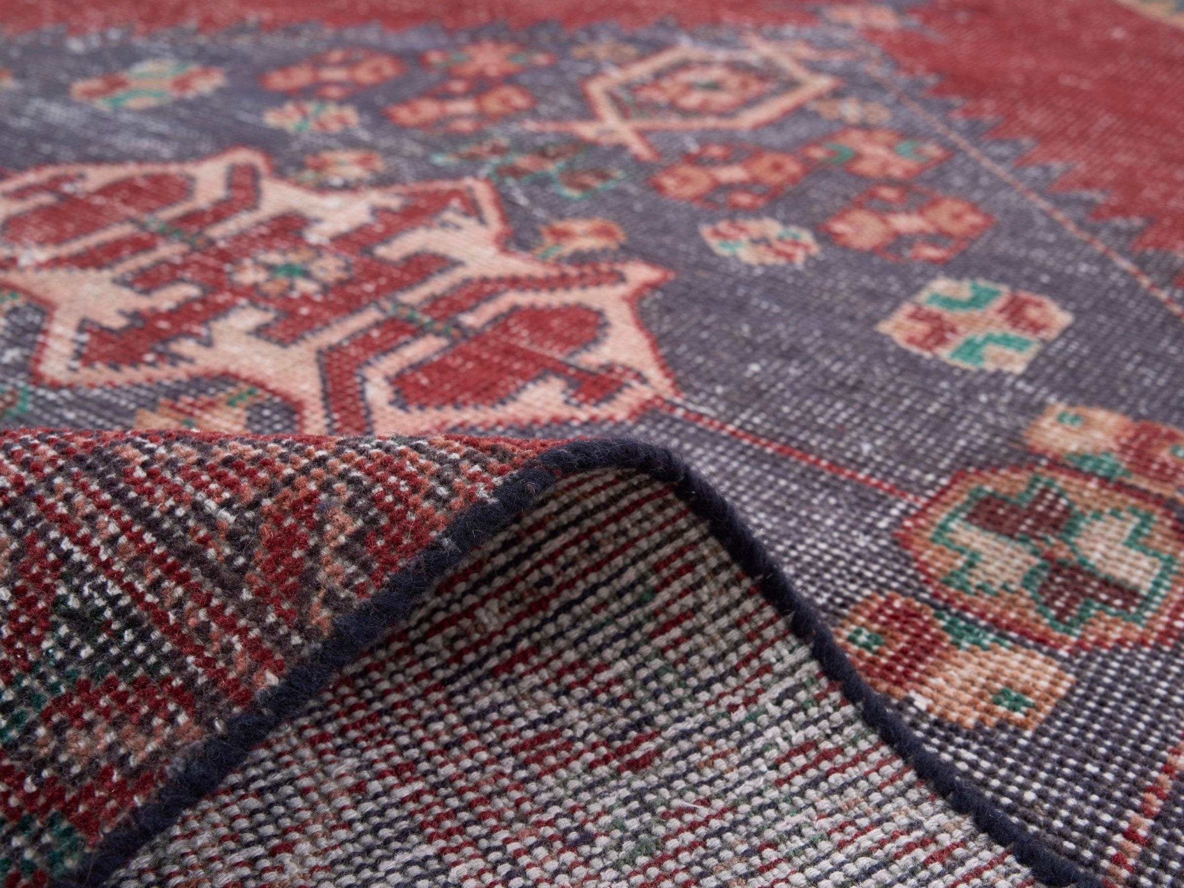 Persian Zanjan area rug in burgundy and slate blue, view 9 of 10