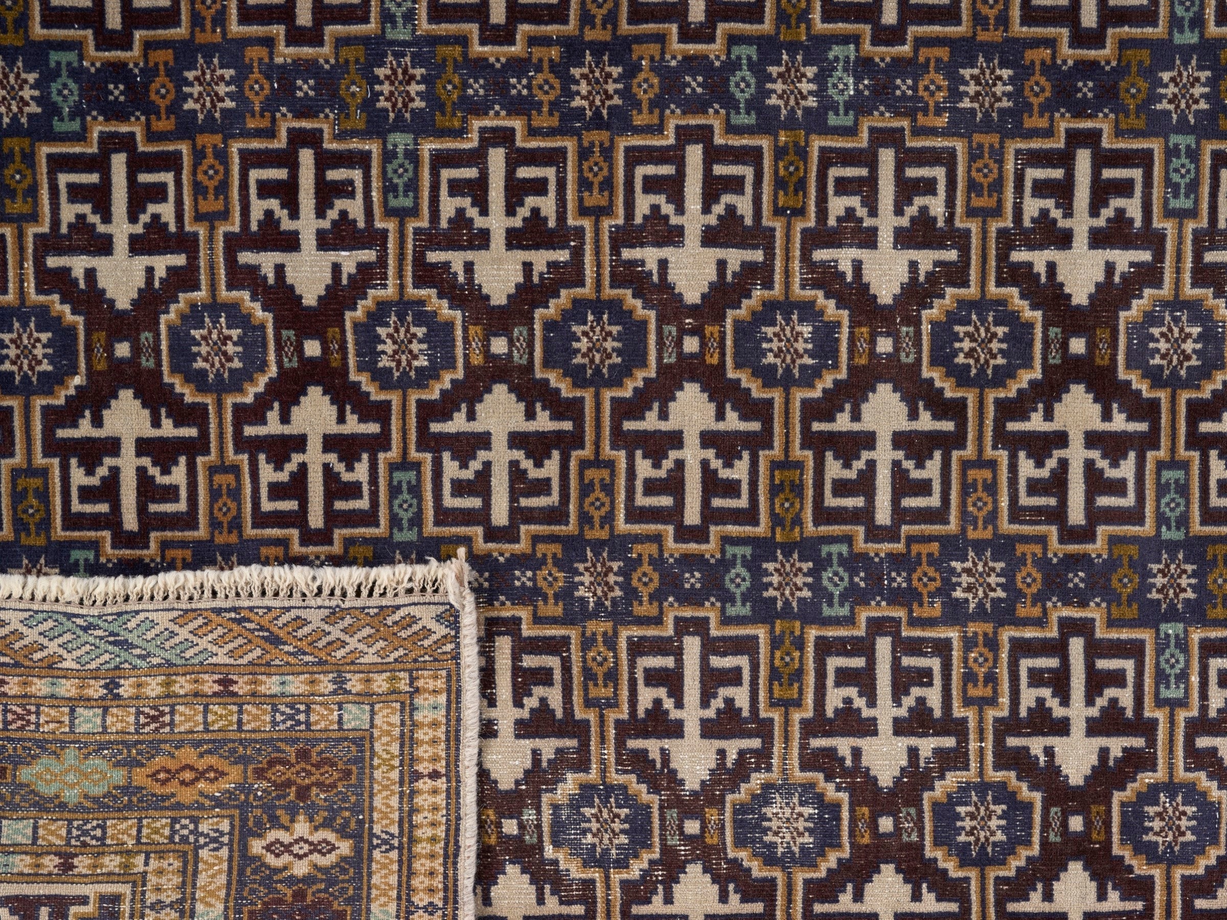 Persian Torkaman runner rug in cream and burgundy, view 10 of 10