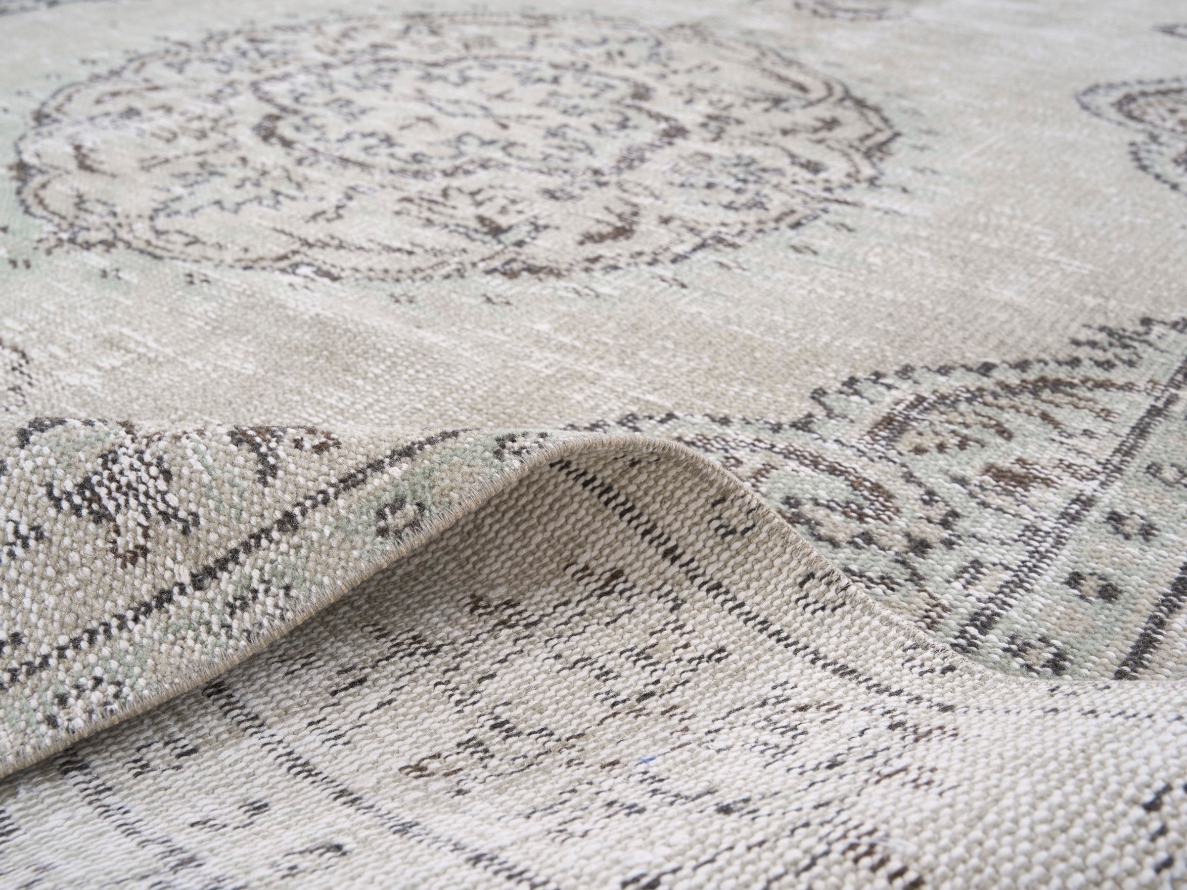 Turkish Manisa area rug in cream and dark brown, view 9 of 10