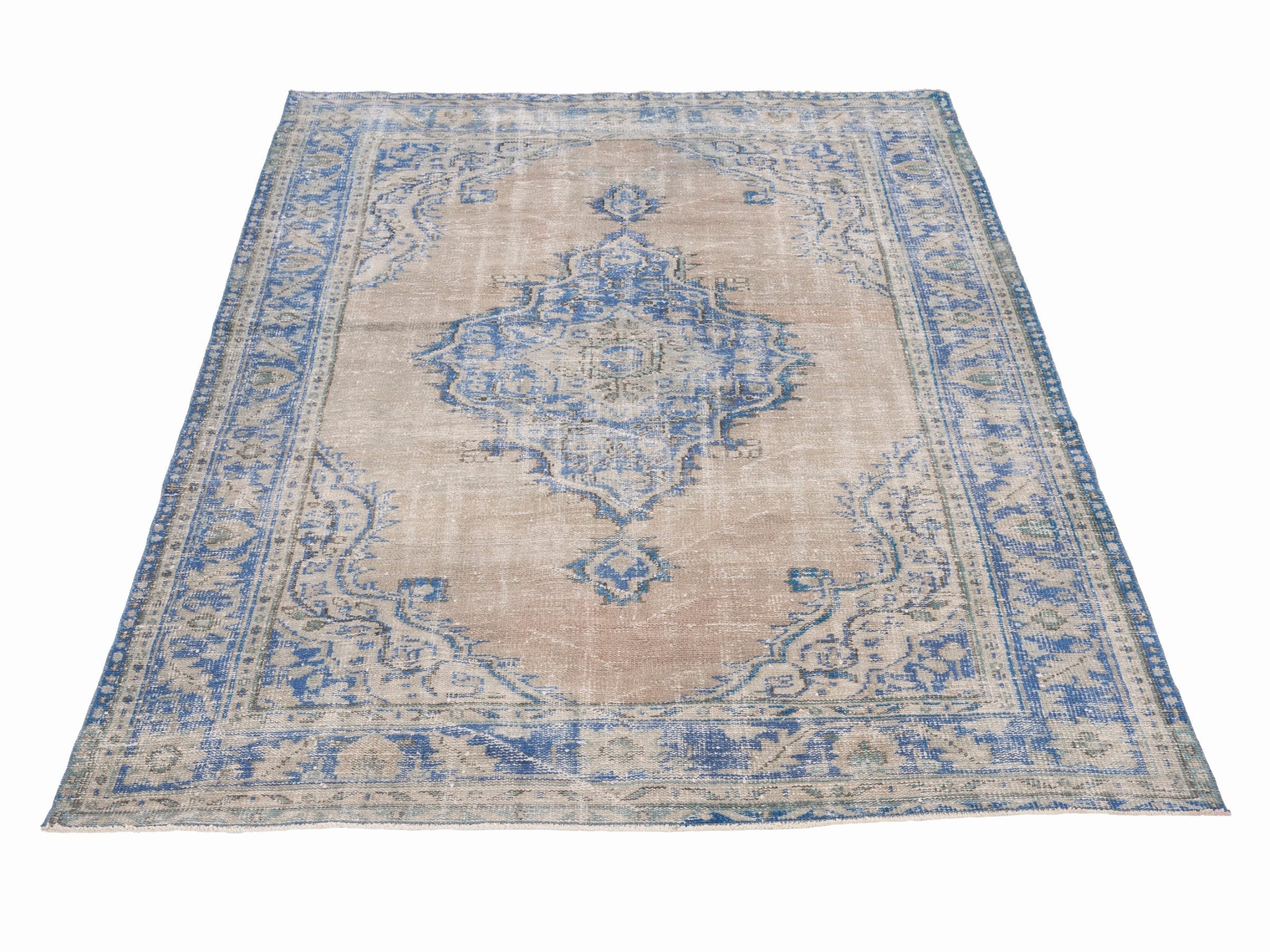 Turkish Manisa area rug in tan and denim, view 2 of 10
