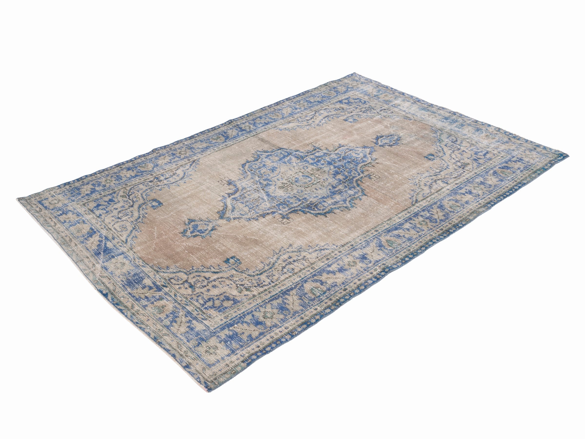 Turkish Manisa area rug in tan and denim, view 3 of 10