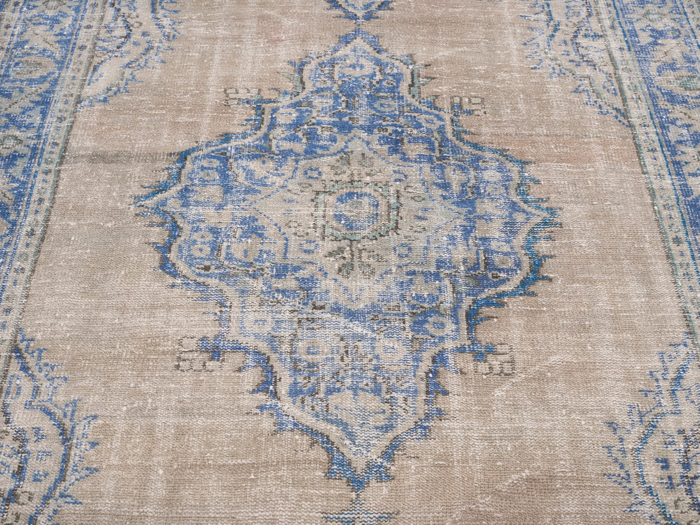Turkish Manisa area rug in tan and denim, view 4 of 10