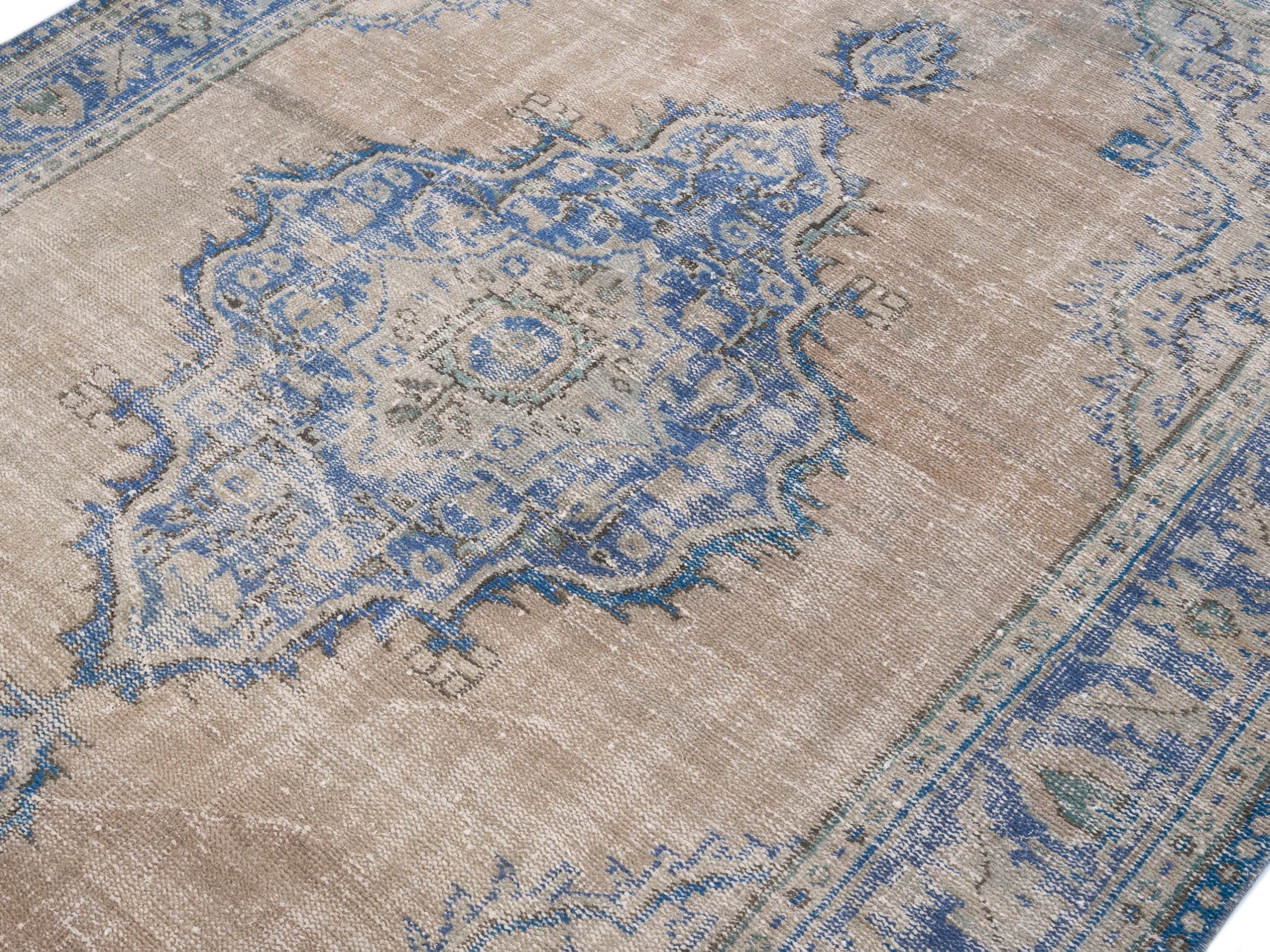 Turkish Manisa area rug in tan and denim, view 5 of 10
