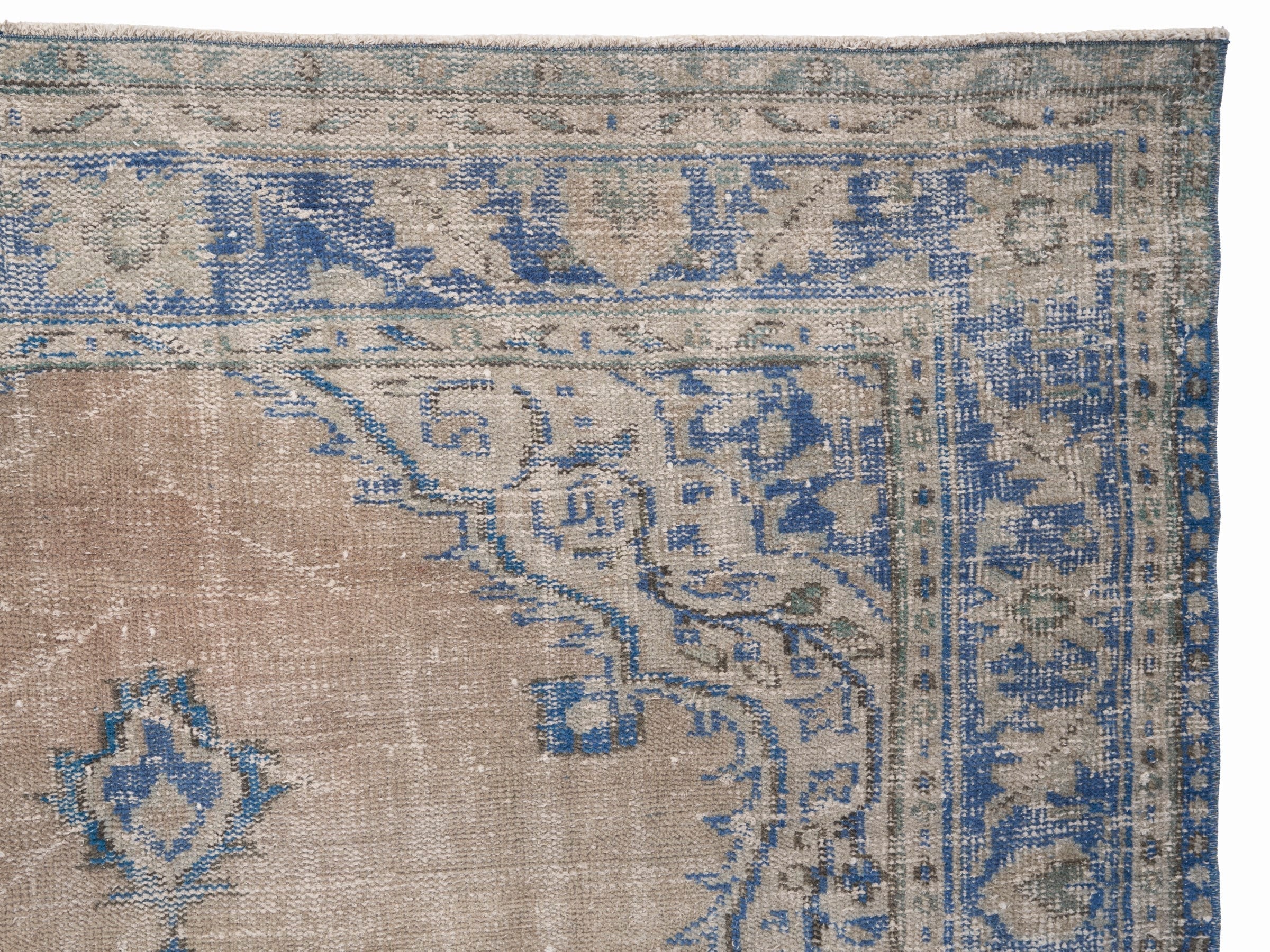 Turkish Manisa area rug in tan and denim, view 8 of 10