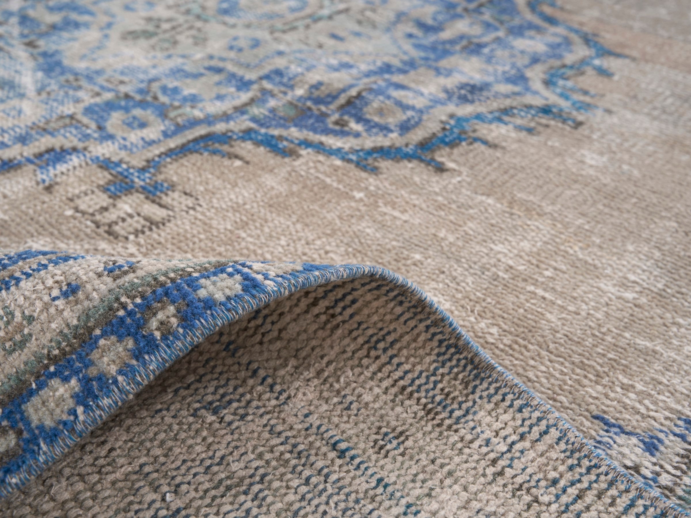 Turkish Manisa area rug in tan and denim, view 9 of 10