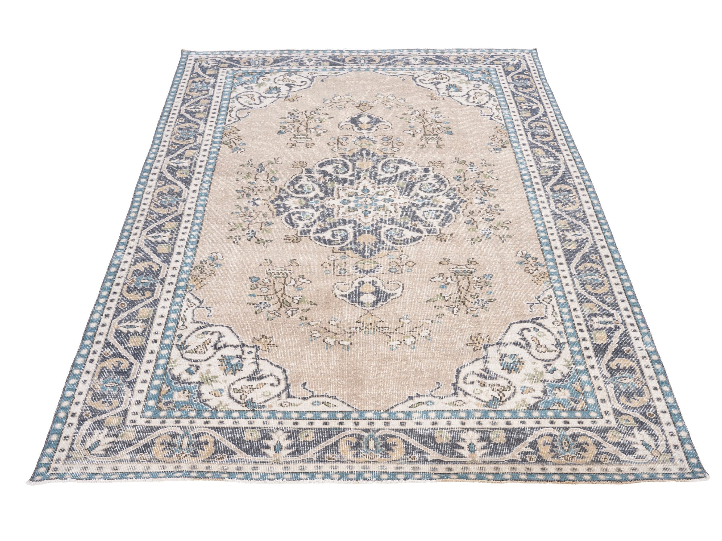 Turkish Isparta area rug in beige and denim, view 2 of 10