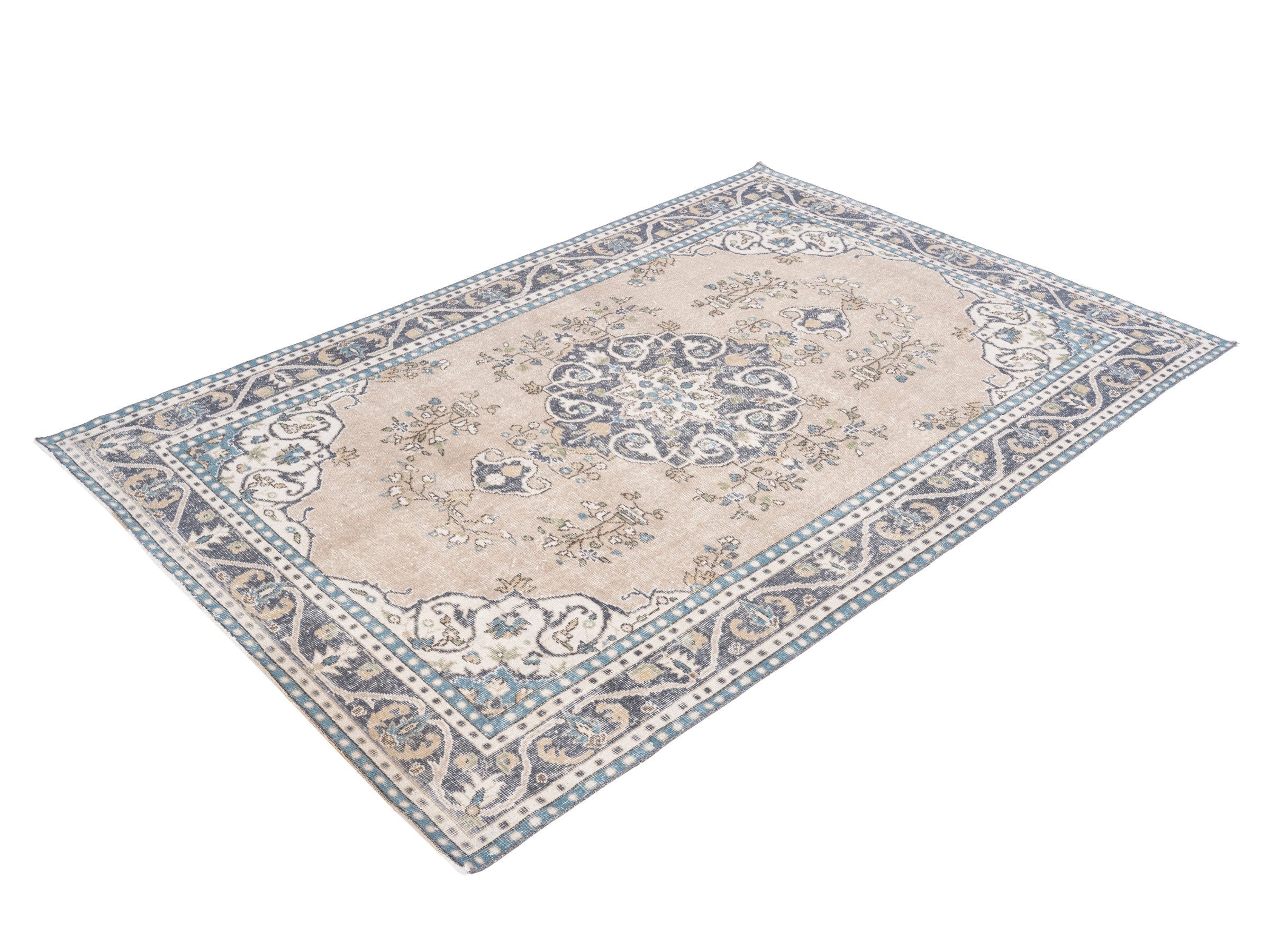 Turkish Isparta area rug in beige and denim, view 3 of 10