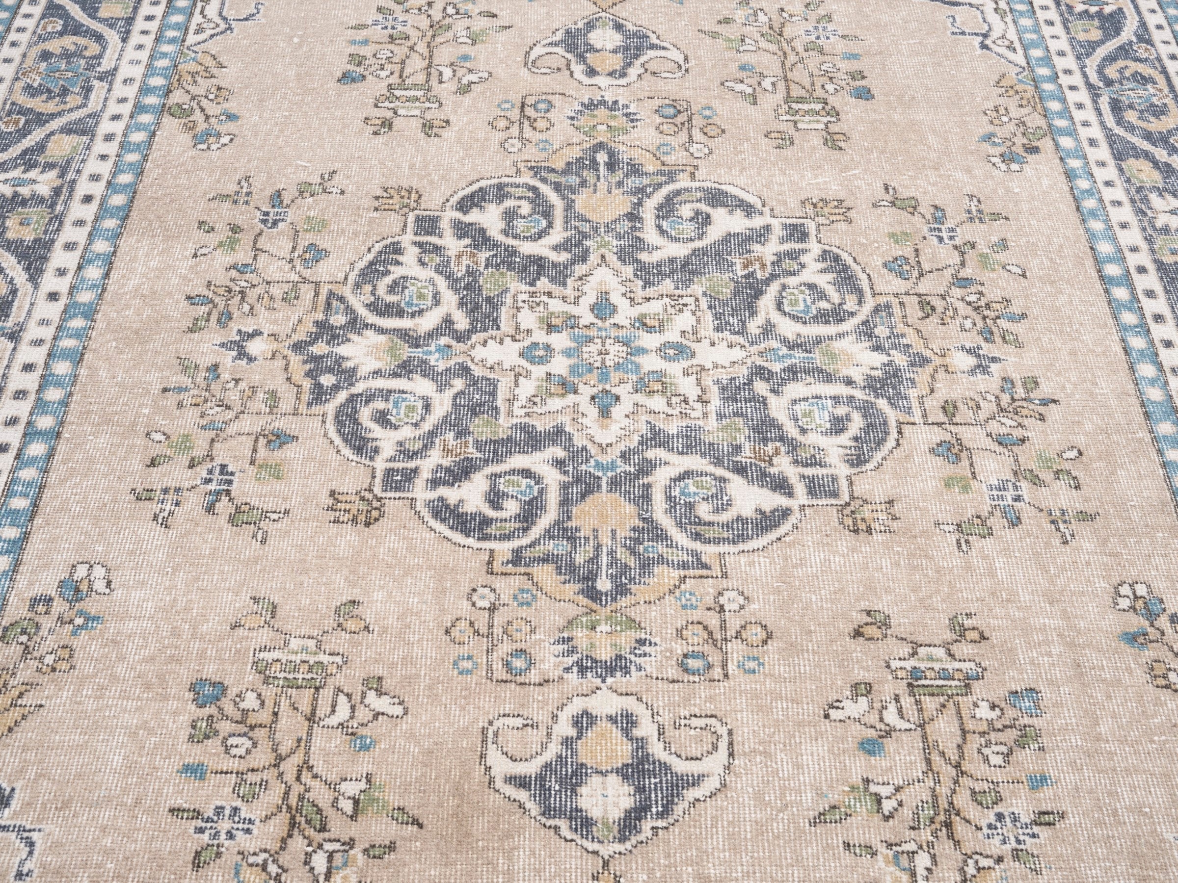 Turkish Isparta area rug in beige and denim, view 4 of 10