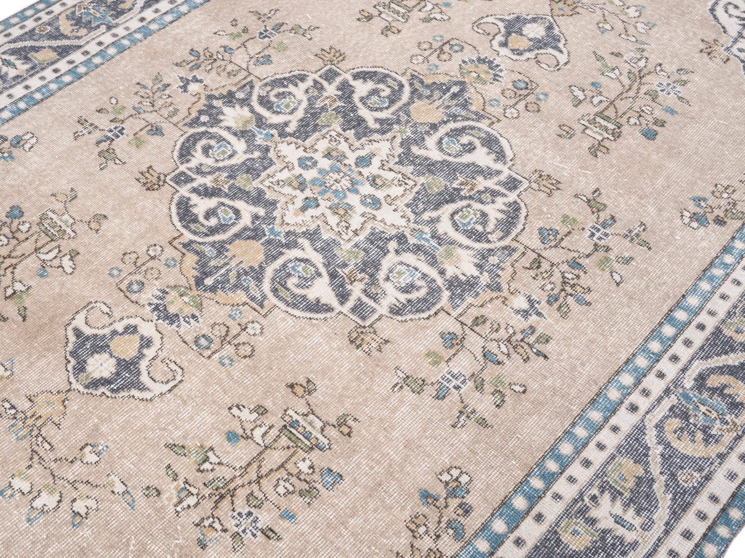 Turkish Isparta area rug in beige and denim, view 5 of 10