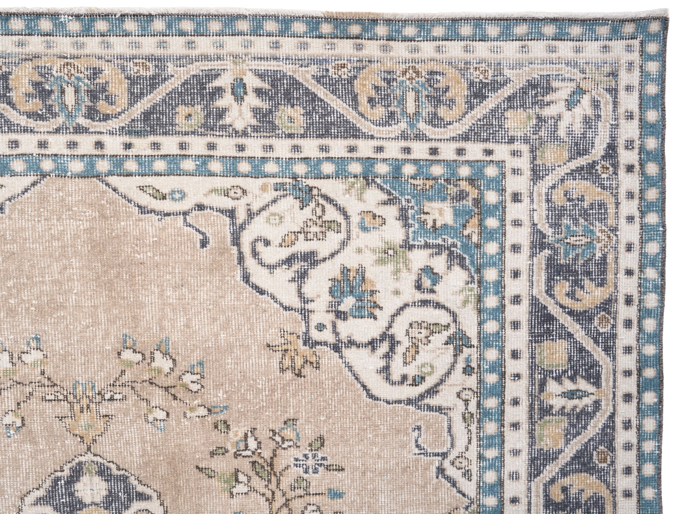 Turkish Isparta area rug in beige and denim, view 8 of 10