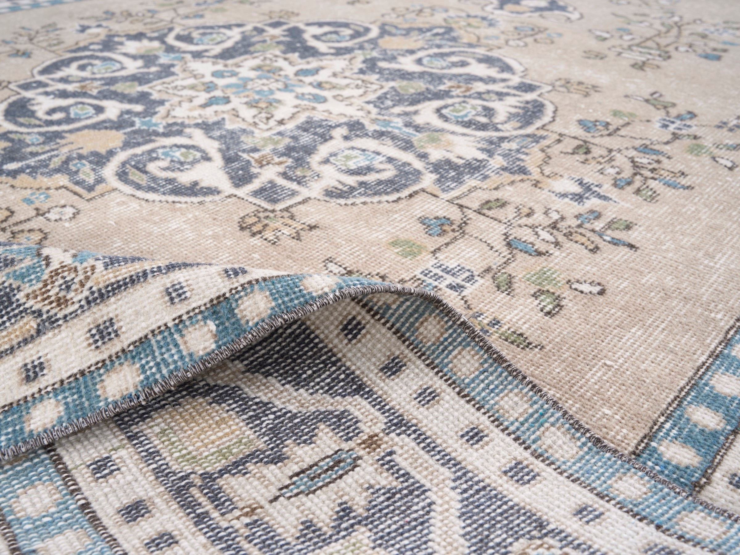 Turkish Isparta area rug in beige and denim, view 9 of 10