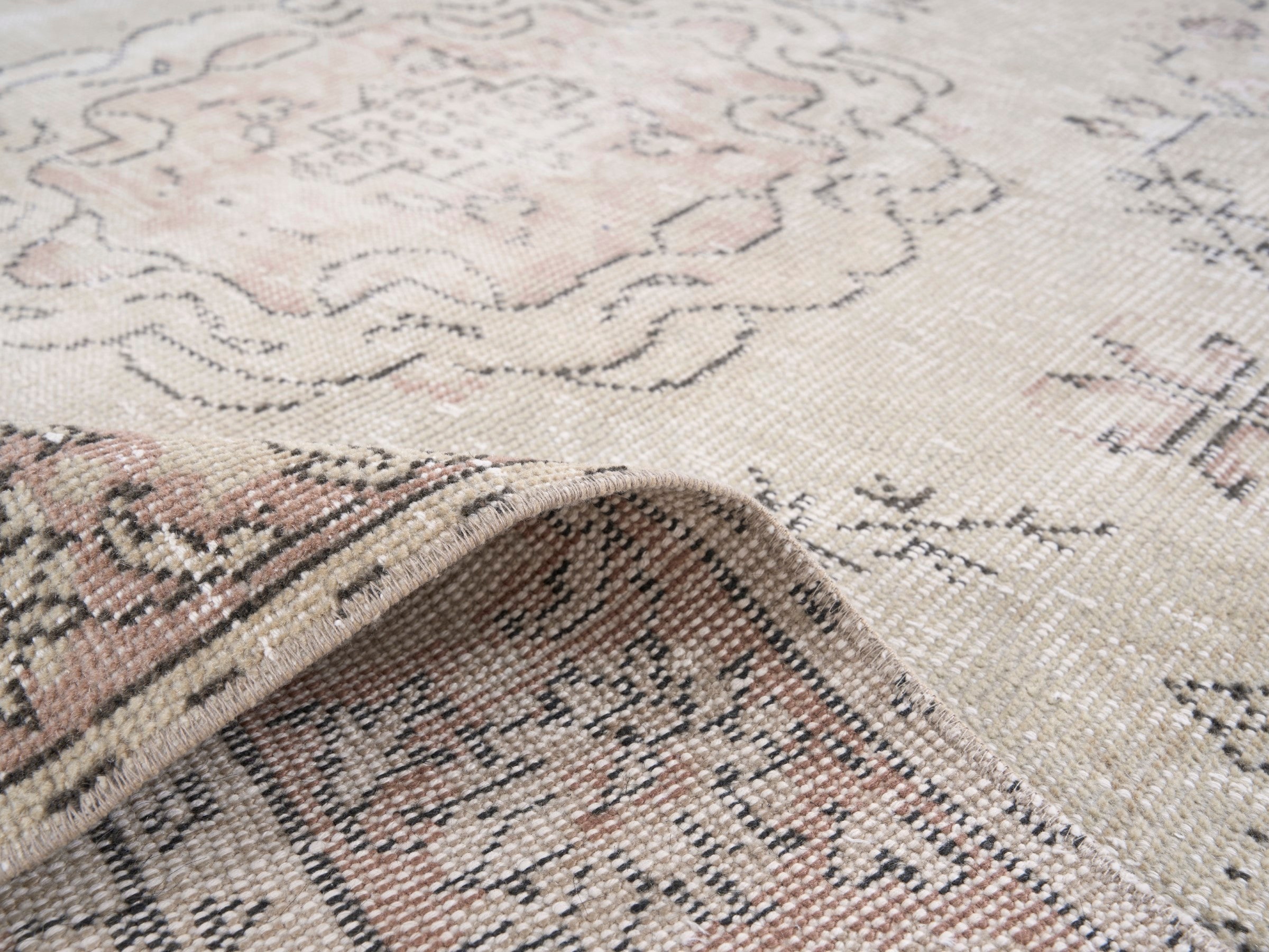 Turkish Manisa area rug in cream and muted pink, view 9 of 10
