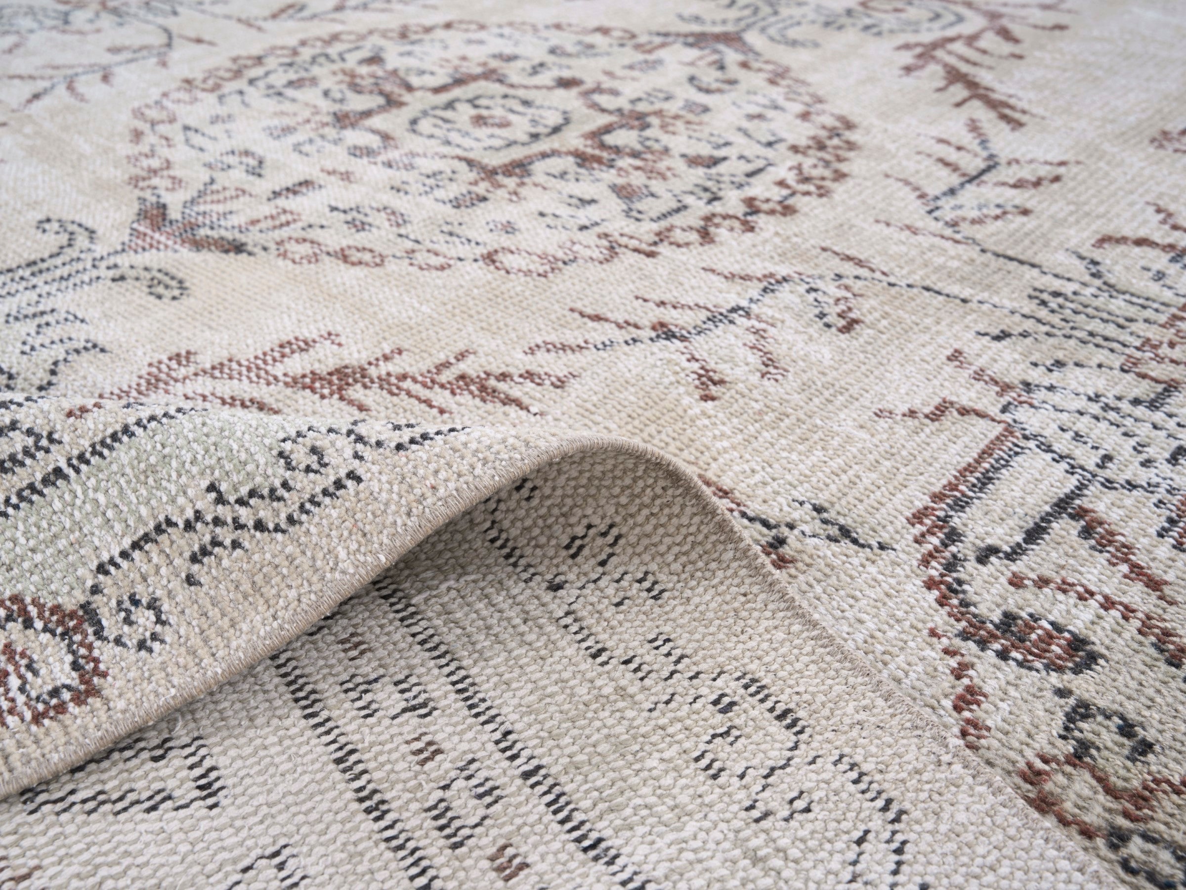 Turkish Manisa area rug in cream and muted pink, view 9 of 10