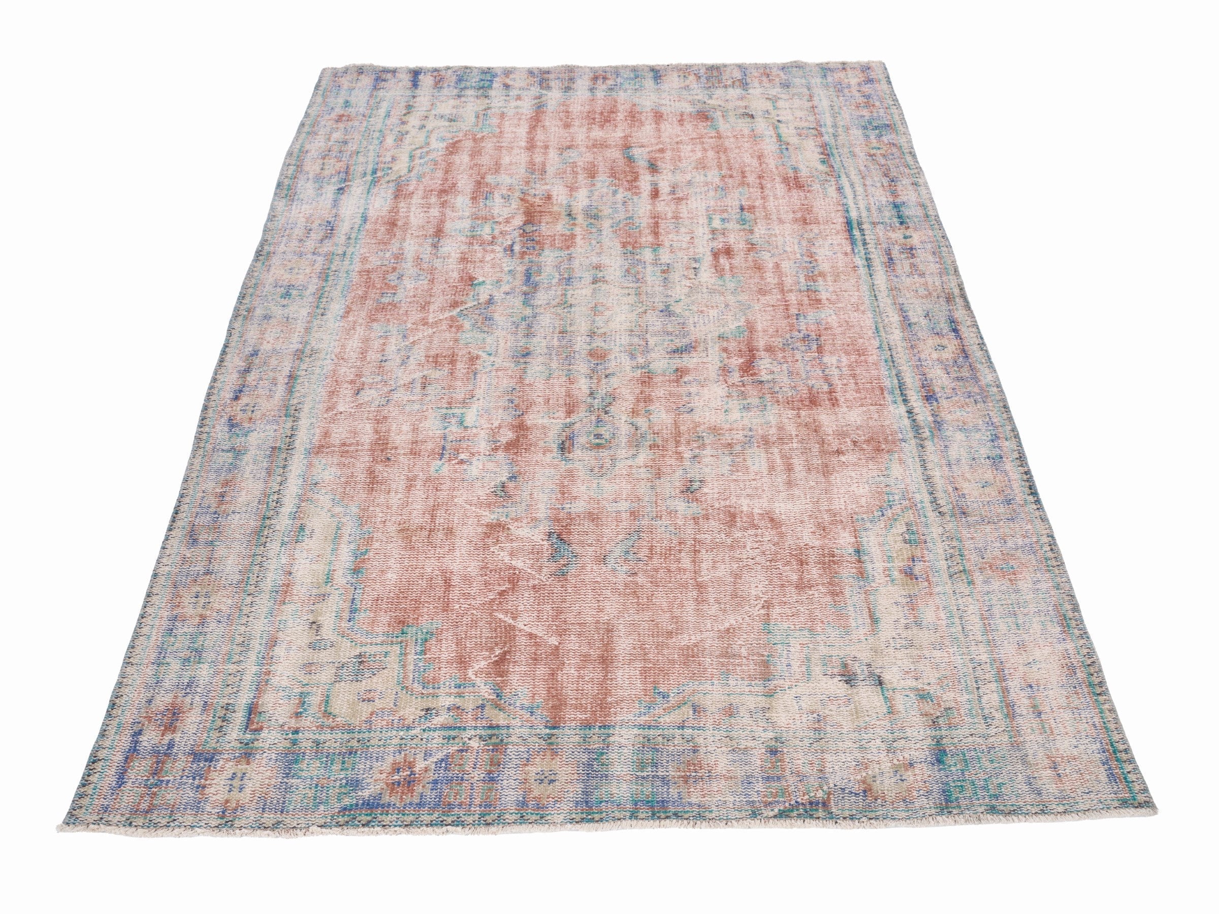 Turkish Manisa area rug in terracotta and blue gray, view 2 of 10