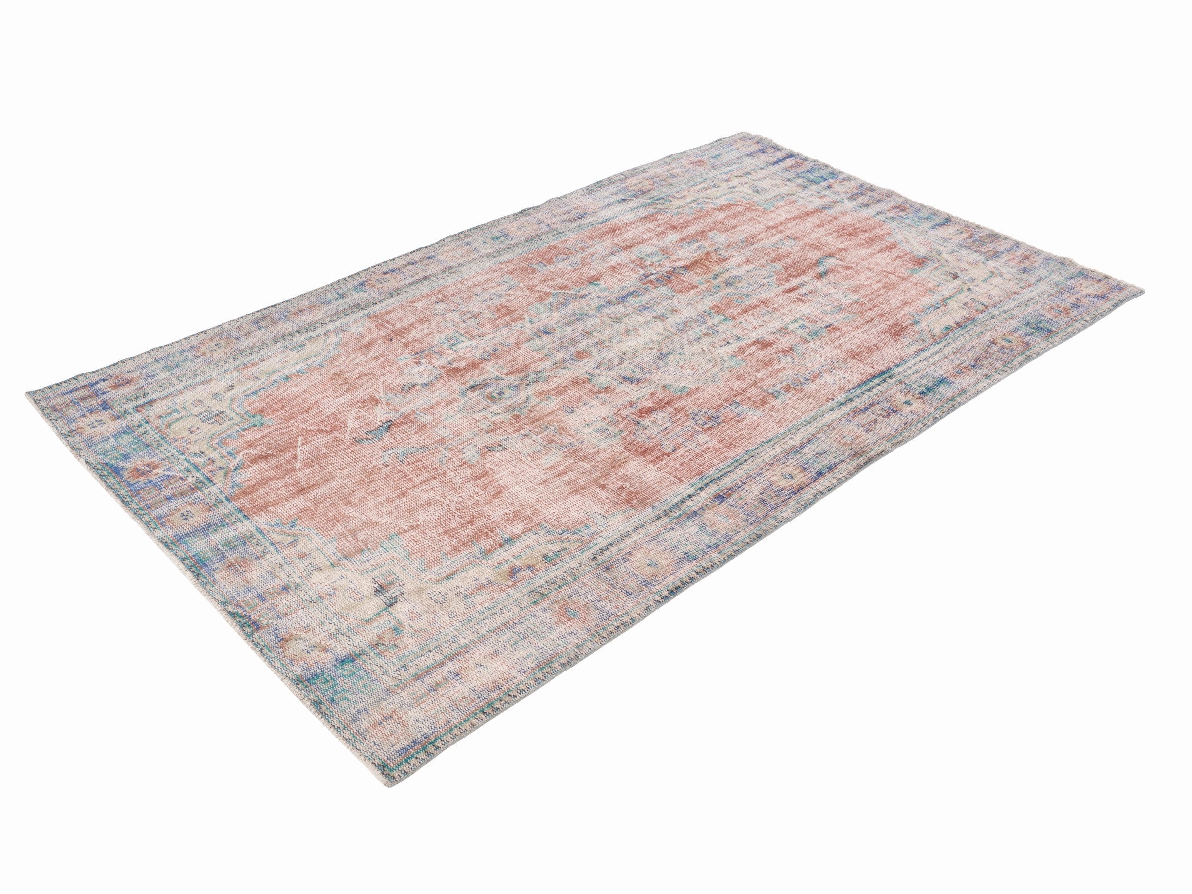 Turkish Manisa area rug in terracotta and blue gray, view 3 of 10