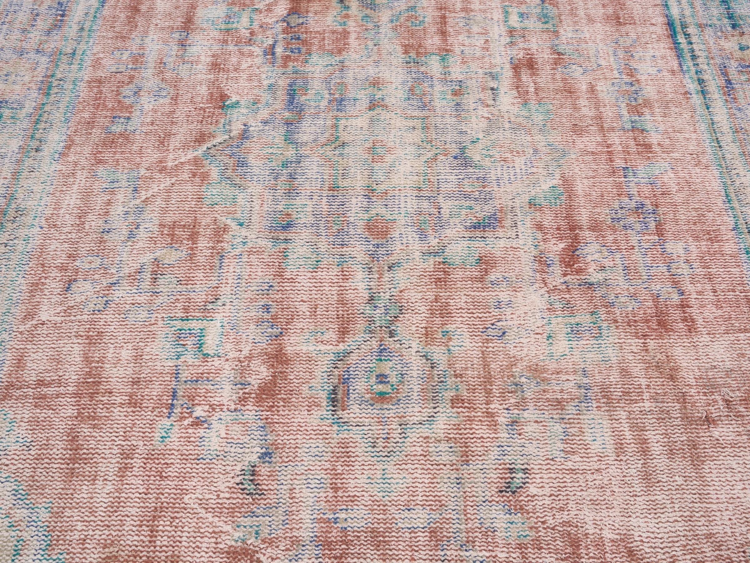 Turkish Manisa area rug in terracotta and blue gray, view 4 of 10