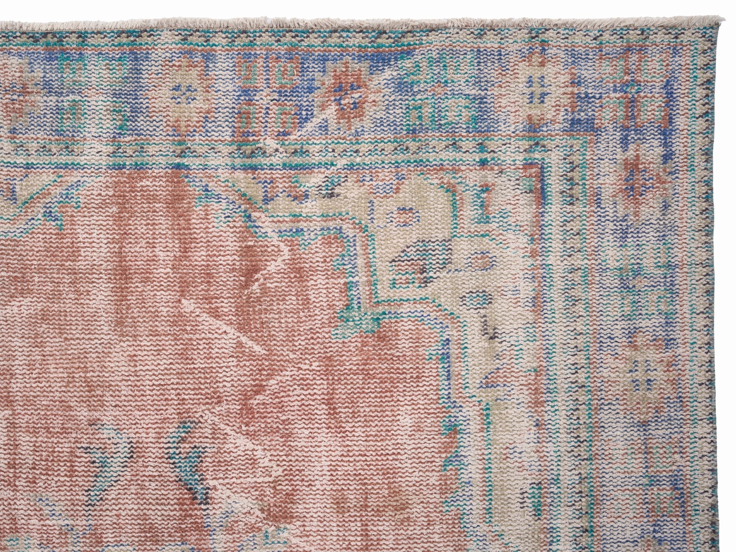 Turkish Manisa area rug in terracotta and blue gray, view 8 of 10
