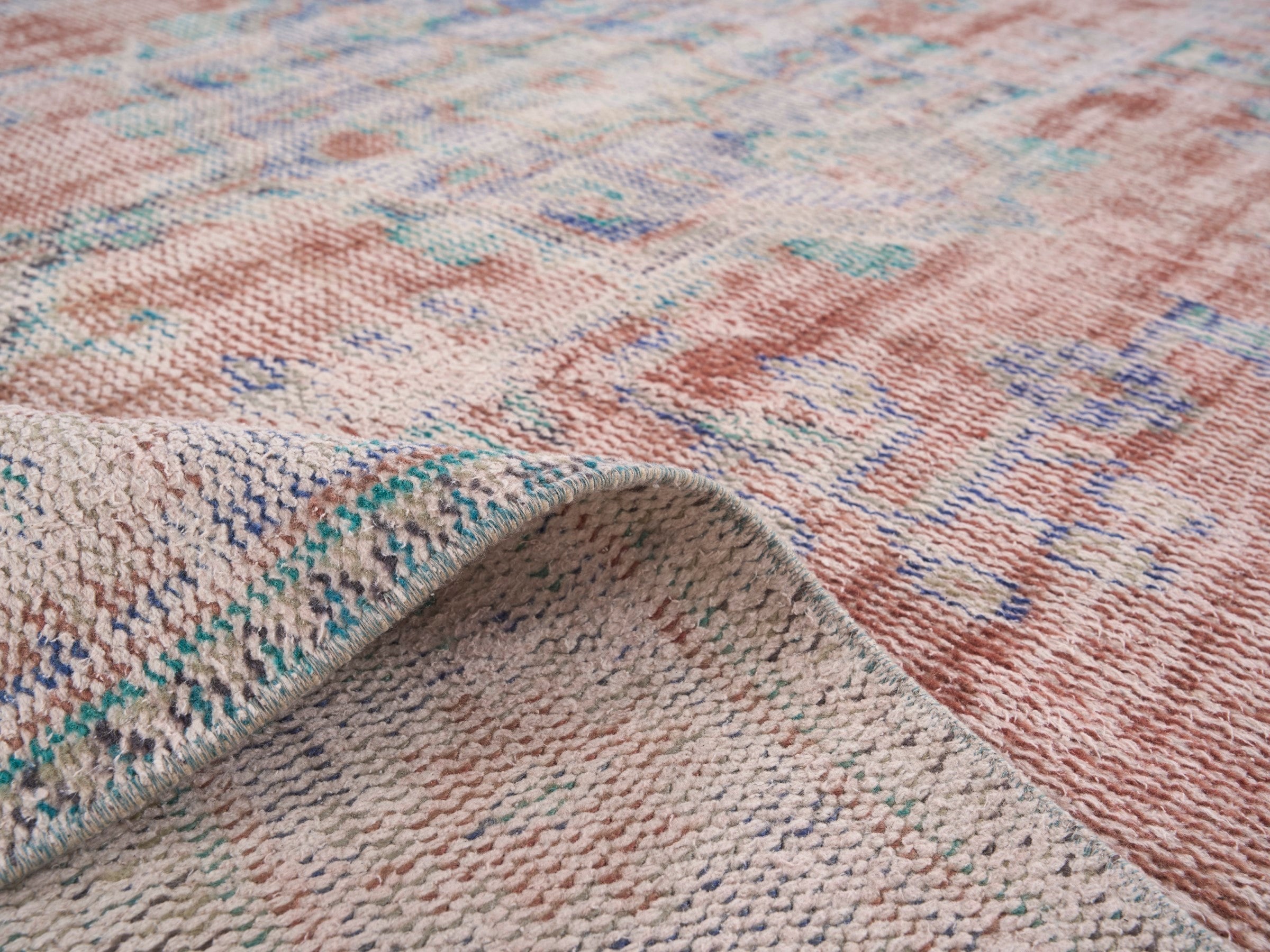 Turkish Manisa area rug in terracotta and blue gray, view 9 of 10