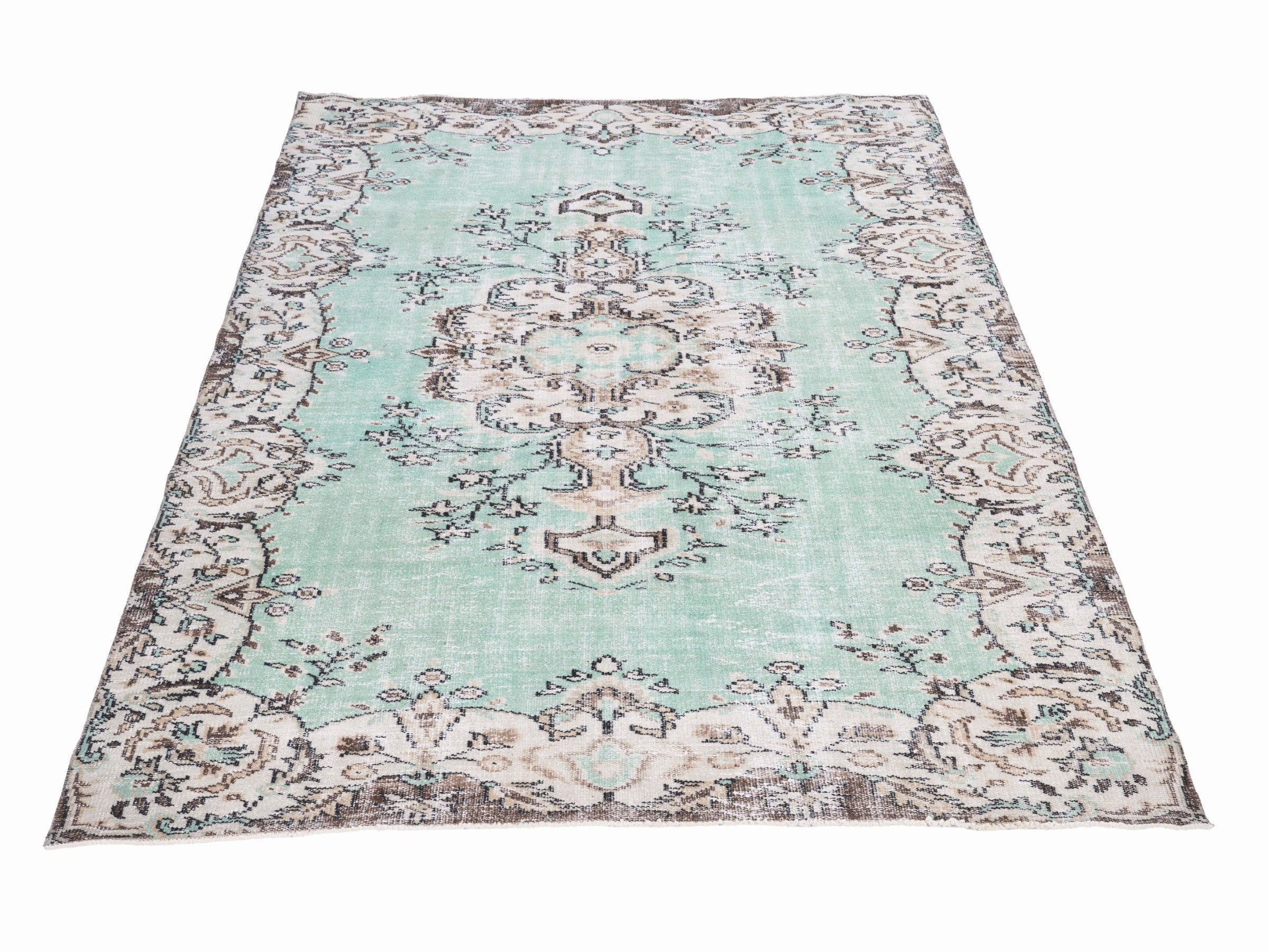 Turkish Isparta area rug in turquoise and cream, view 2 of 10