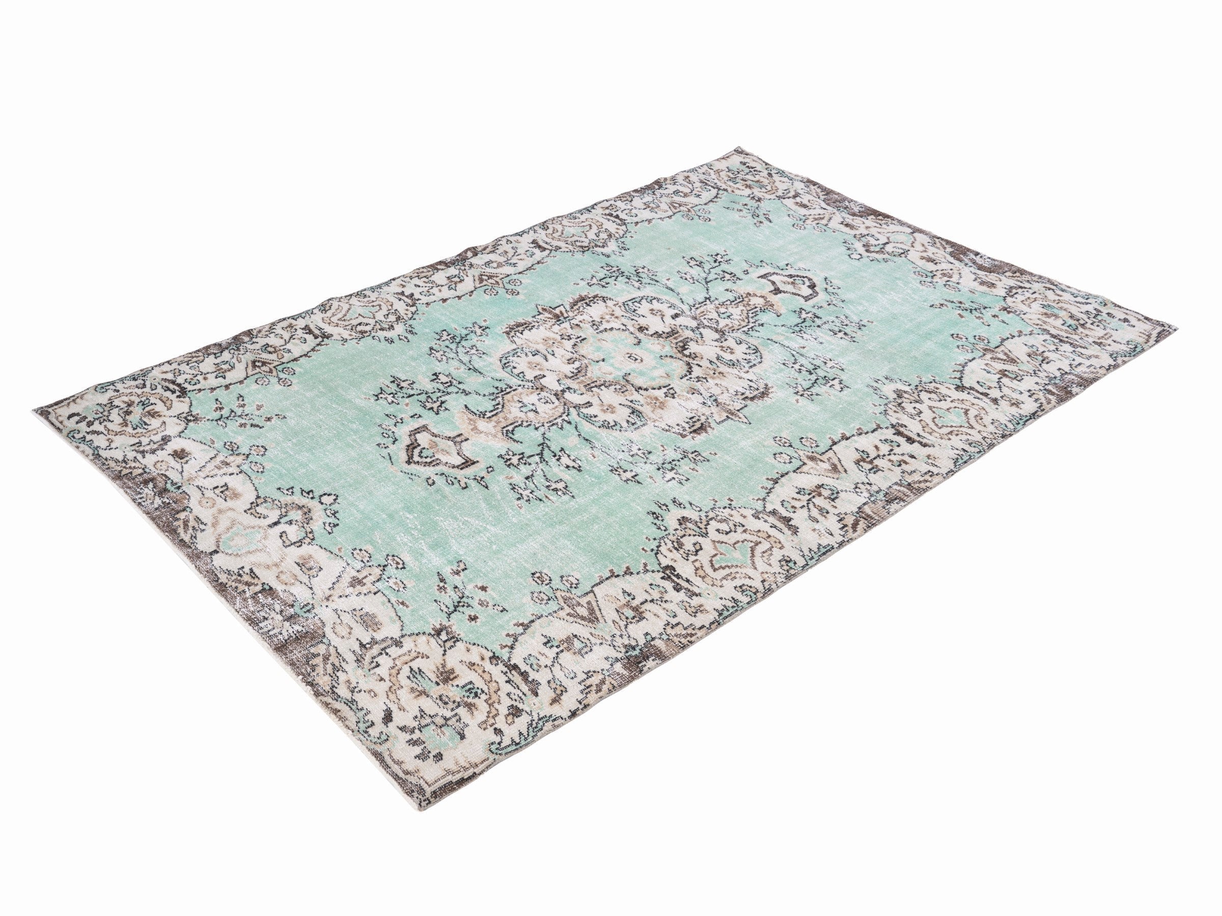Turkish Isparta area rug in turquoise and cream, view 3 of 10