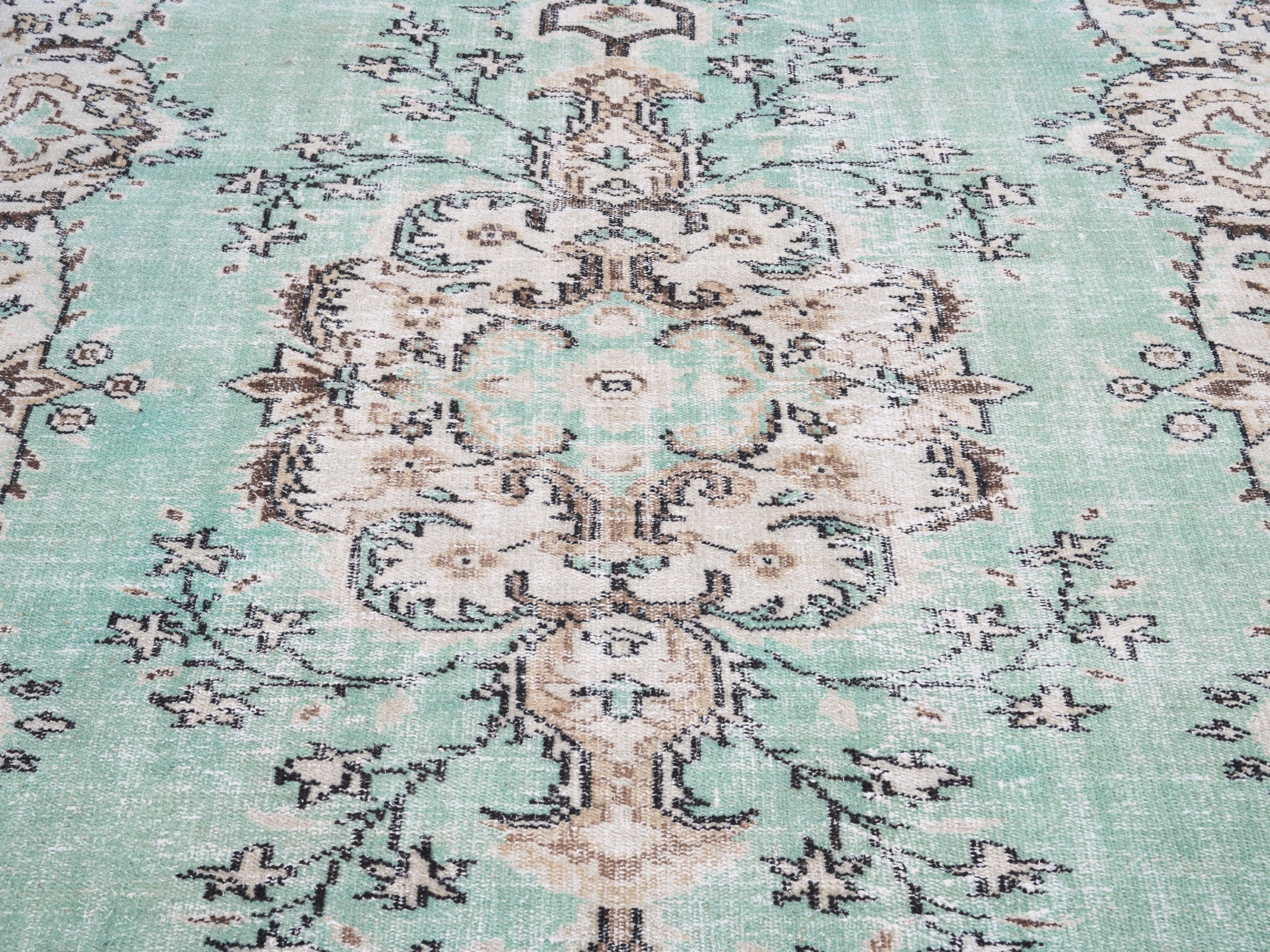Turkish Isparta area rug in turquoise and cream, view 4 of 10