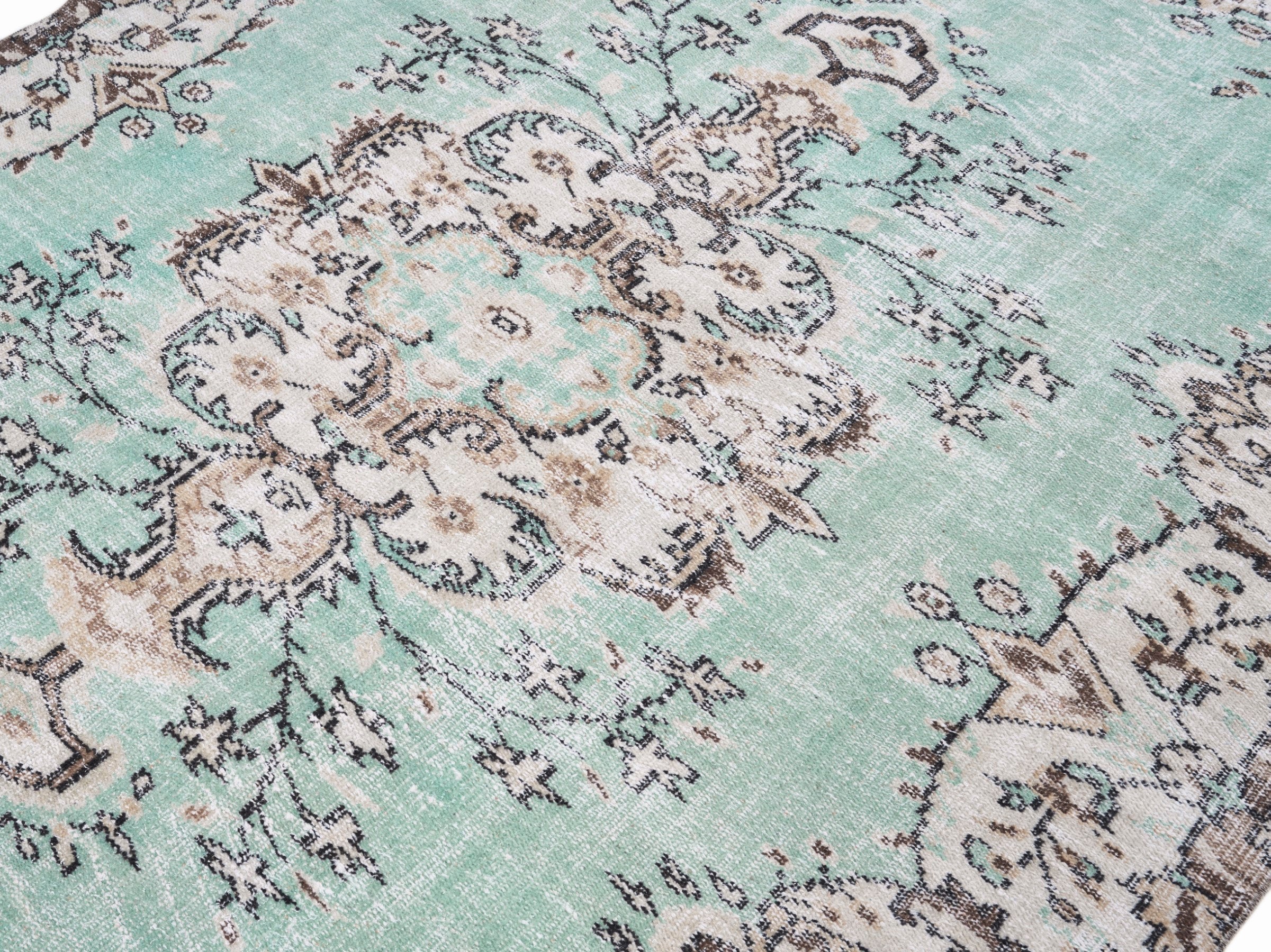 Turkish Isparta area rug in turquoise and cream, view 5 of 10