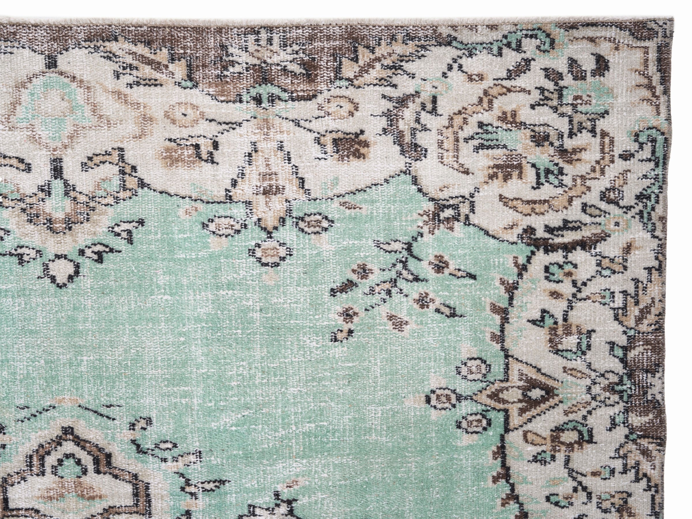 Turkish Isparta area rug in turquoise and cream, view 8 of 10