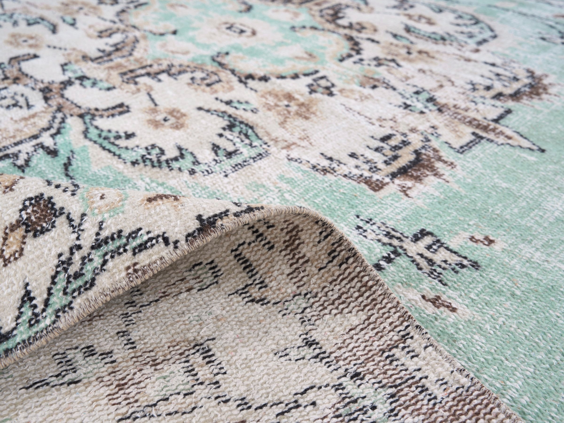 Turkish Isparta area rug in turquoise and cream, view 9 of 10