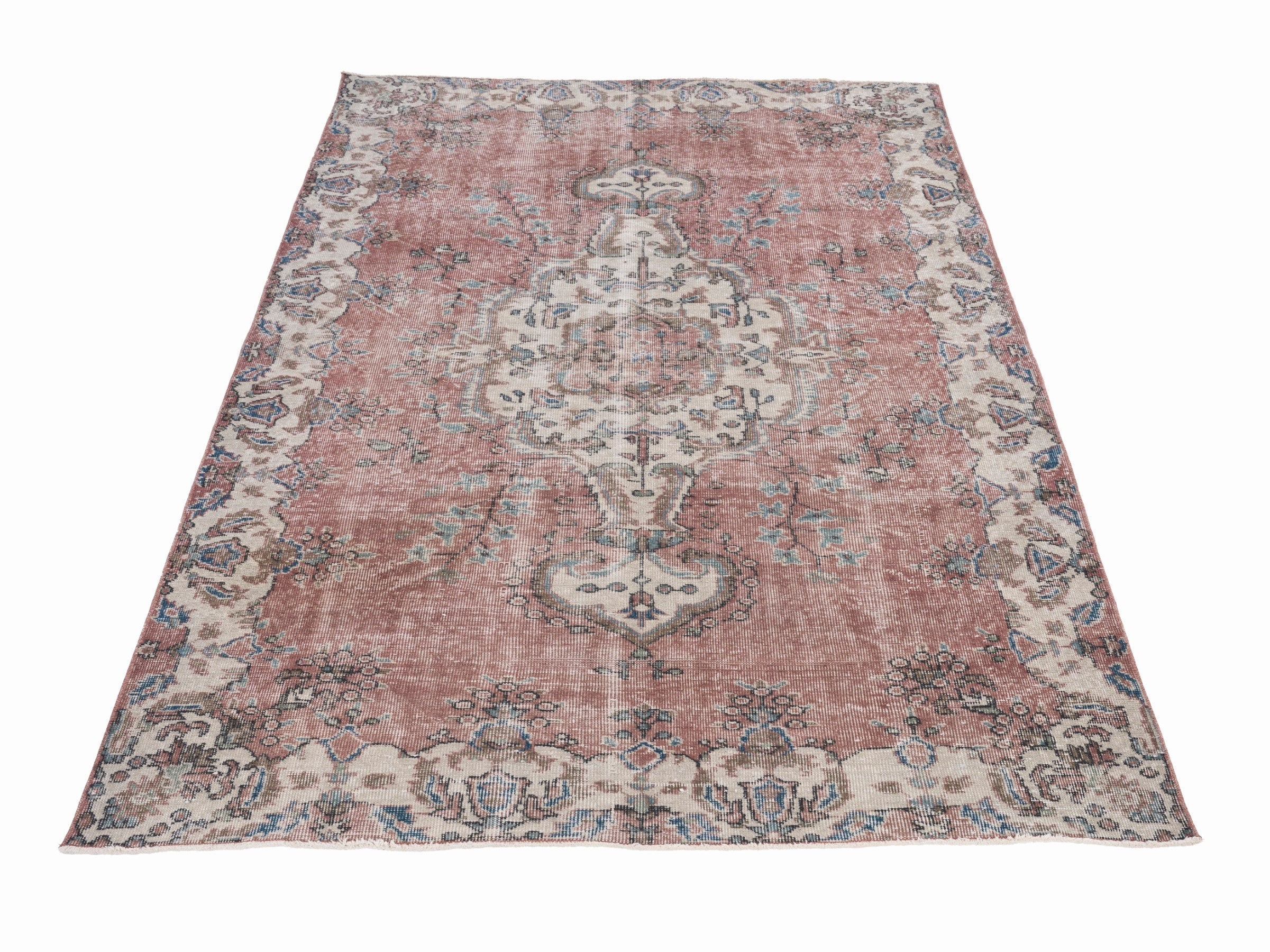 Turkish Isparta area rug in faded red and cream, view 2 of 10
