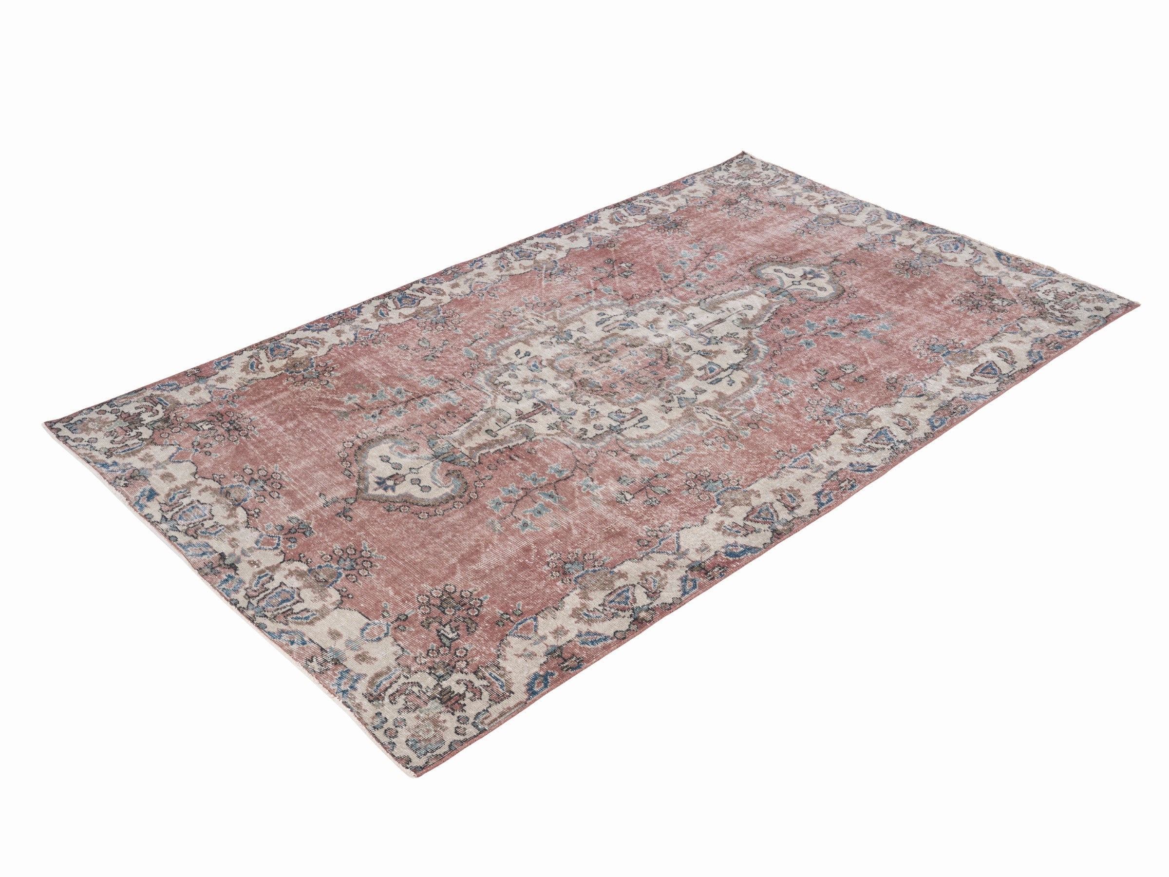 Turkish Isparta area rug in faded red and cream, view 3 of 10