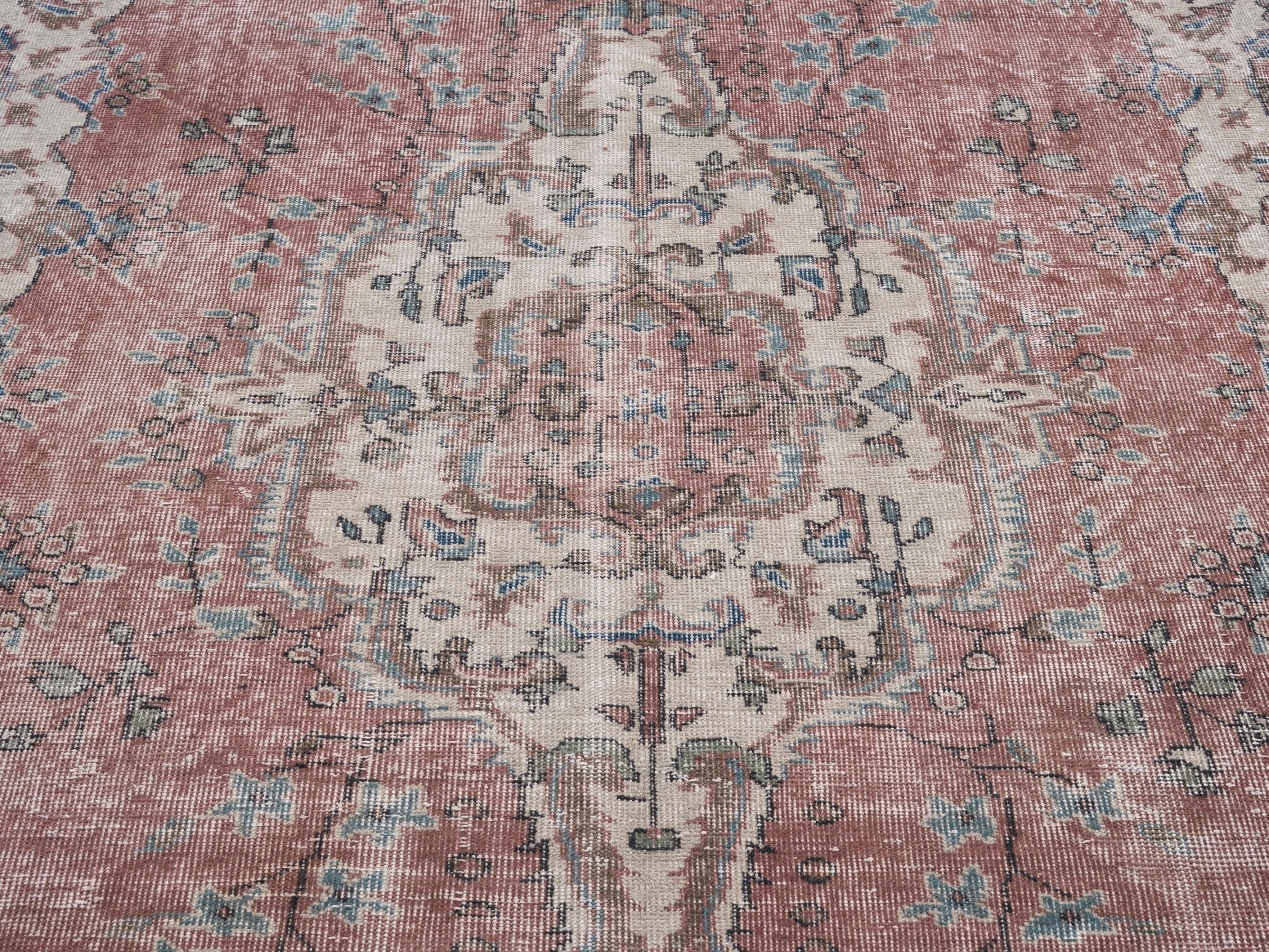 Turkish Isparta area rug in faded red and cream, view 4 of 10