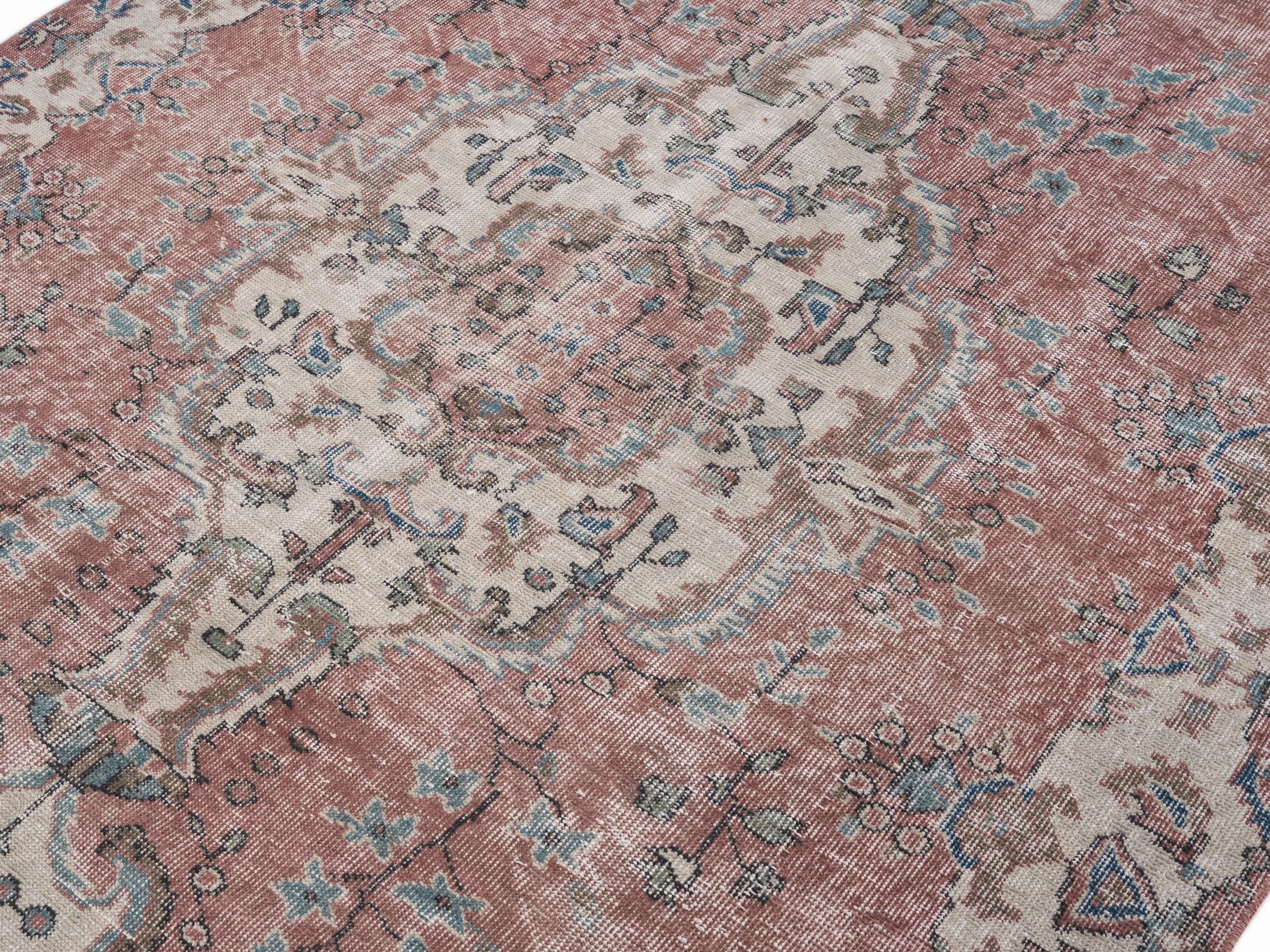 Turkish Isparta area rug in faded red and cream, view 5 of 10