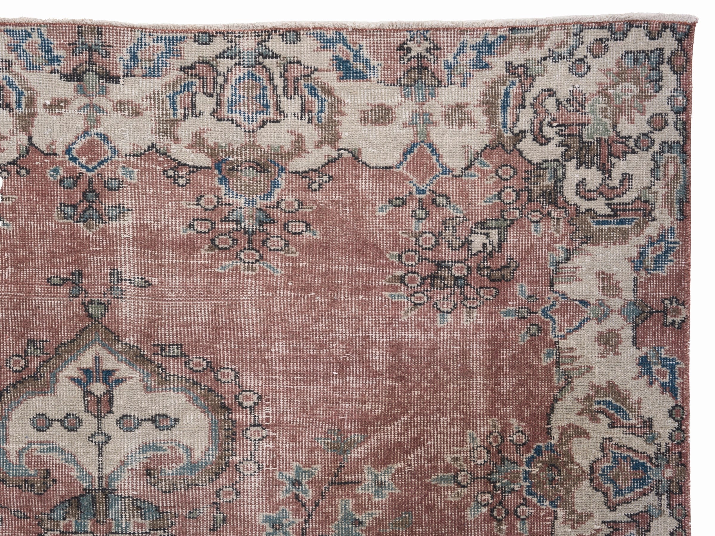 Turkish Isparta area rug in faded red and cream, view 8 of 10