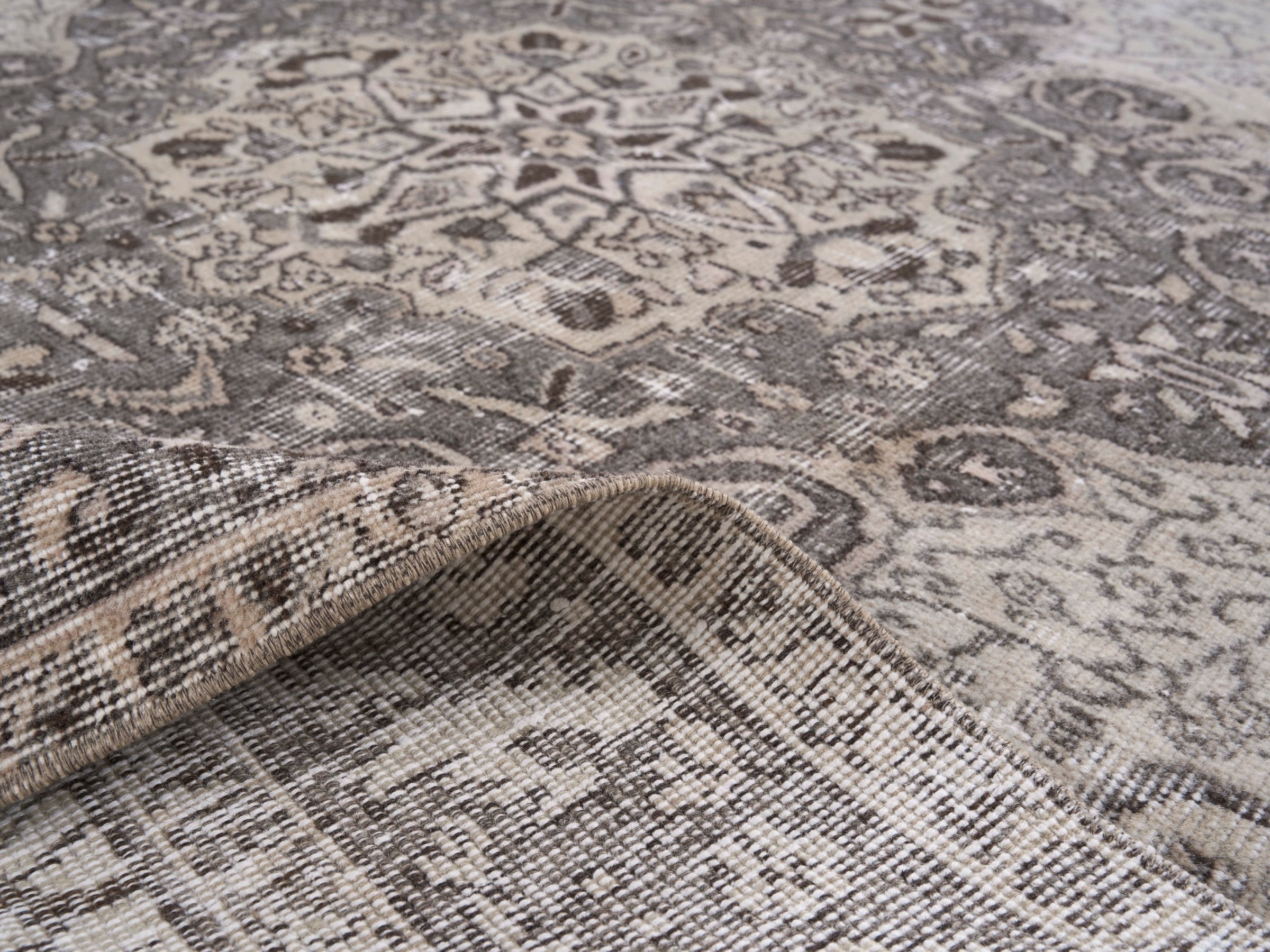 Turkish Isparta area rug in cream and greige, view 9 of 10