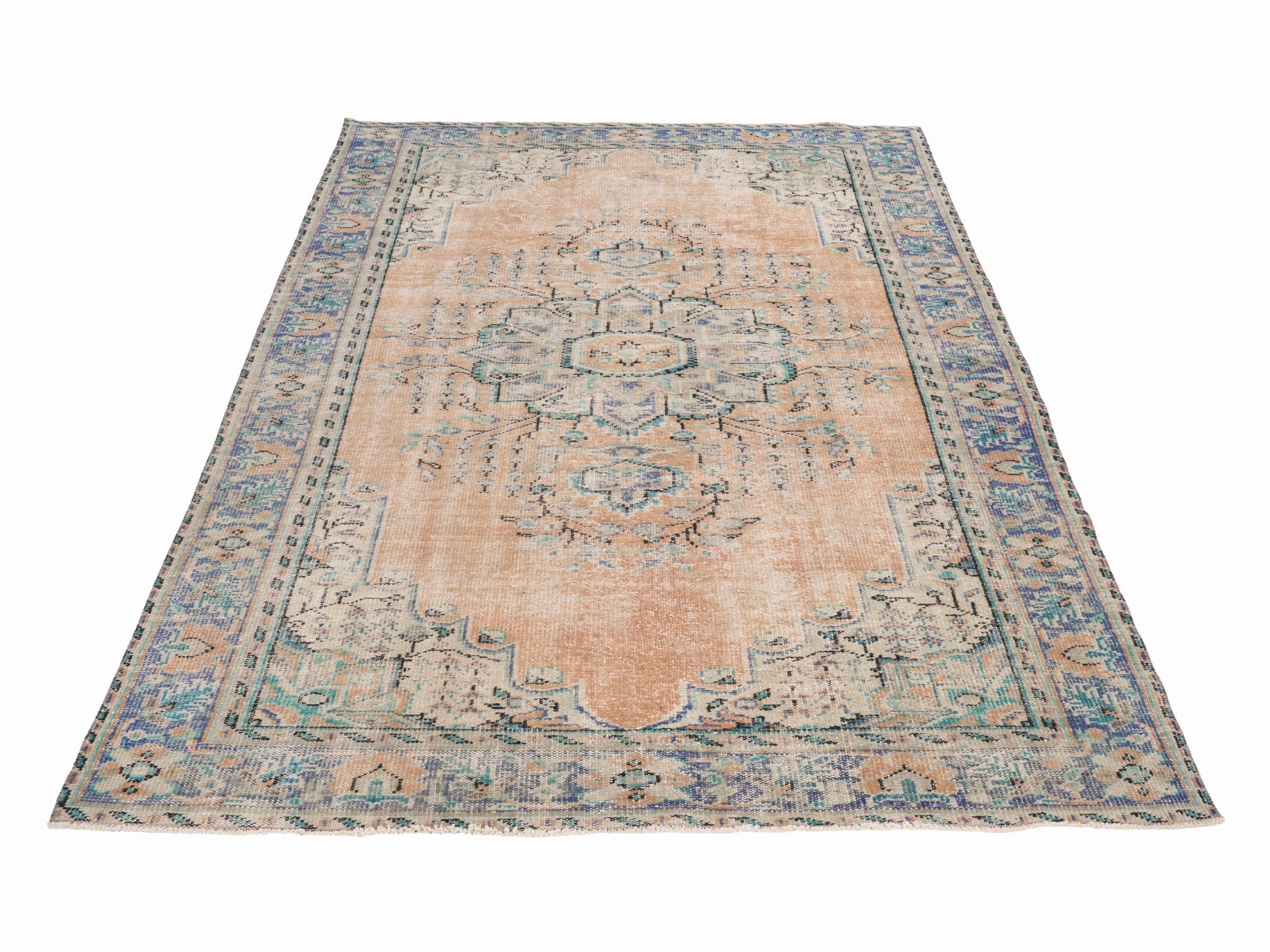Turkish Manisa area rug in tan and denim, view 2 of 10