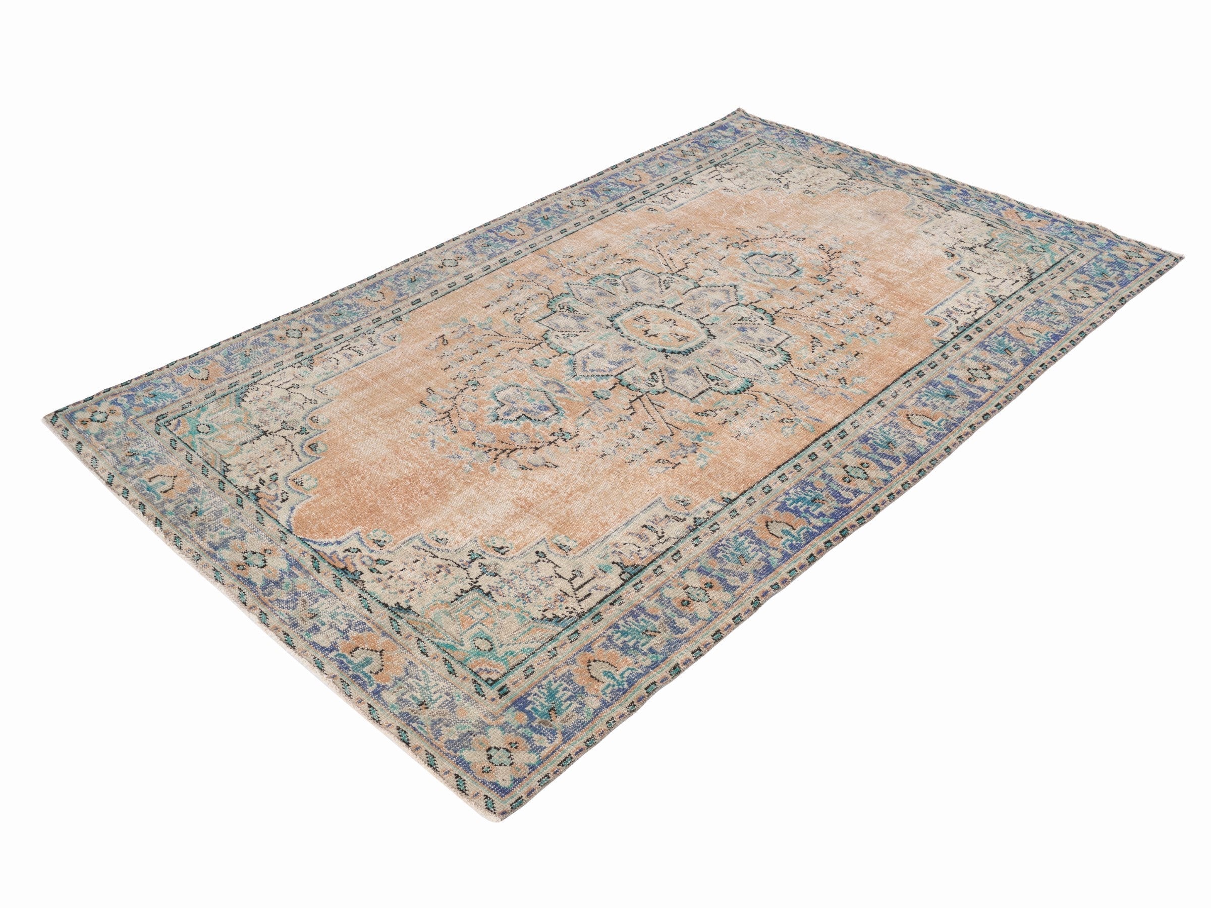 Turkish Manisa area rug in tan and denim, view 3 of 10