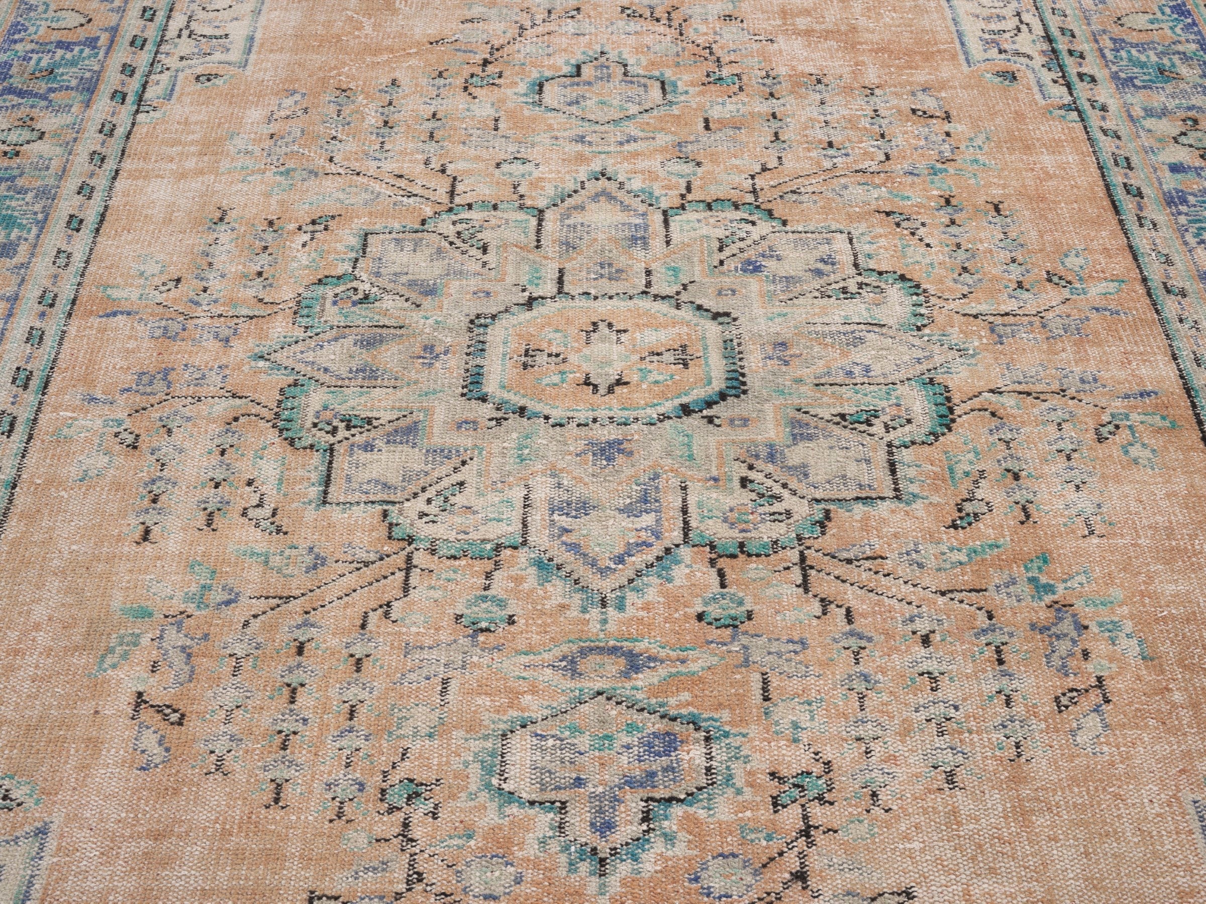 Turkish Manisa area rug in tan and denim, view 4 of 10