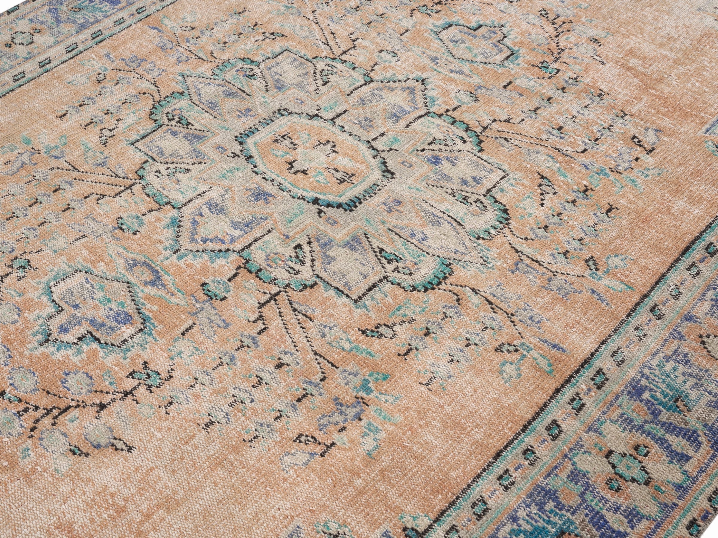 Turkish Manisa area rug in tan and denim, view 5 of 10