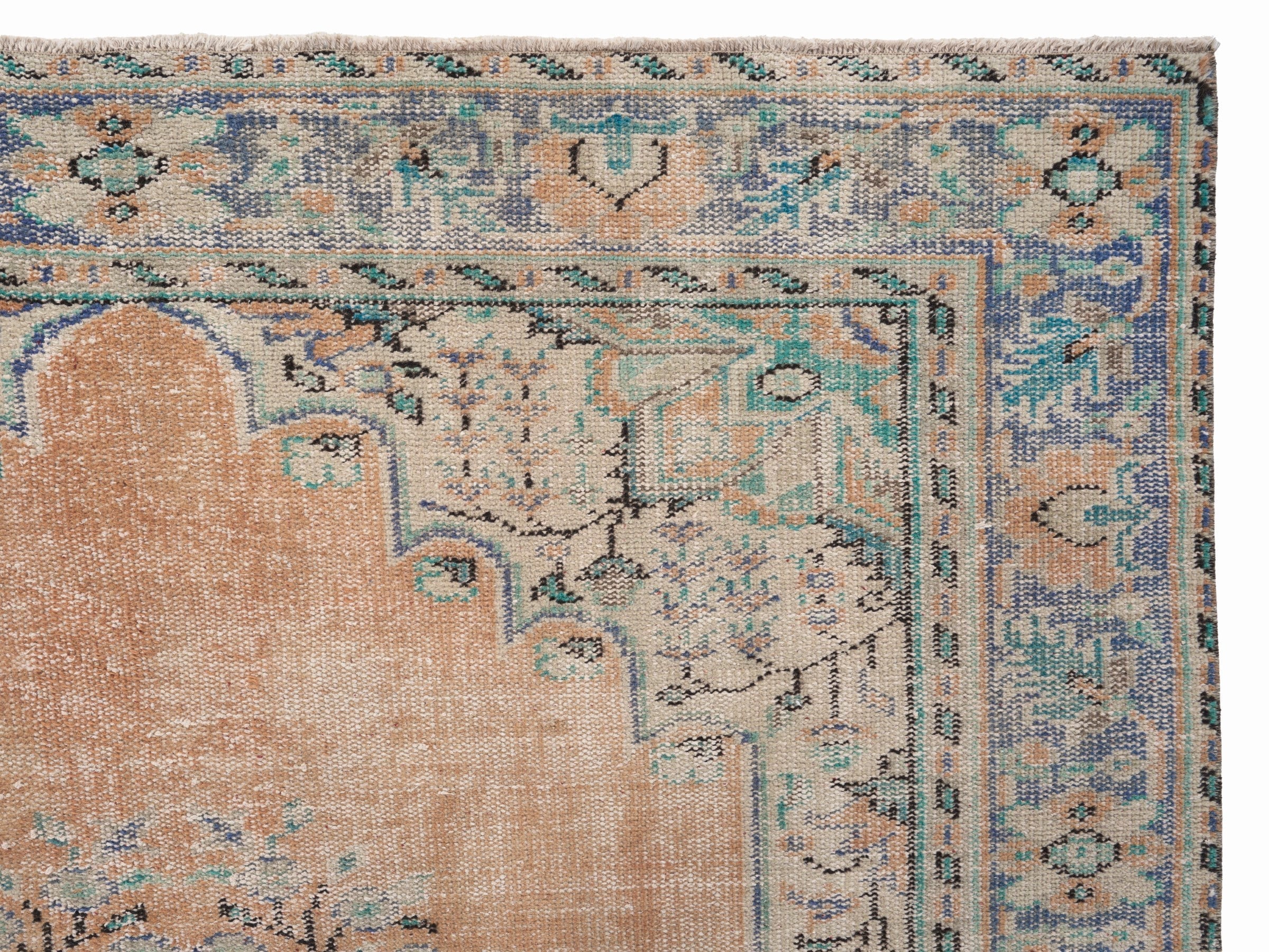 Turkish Manisa area rug in tan and denim, view 8 of 10