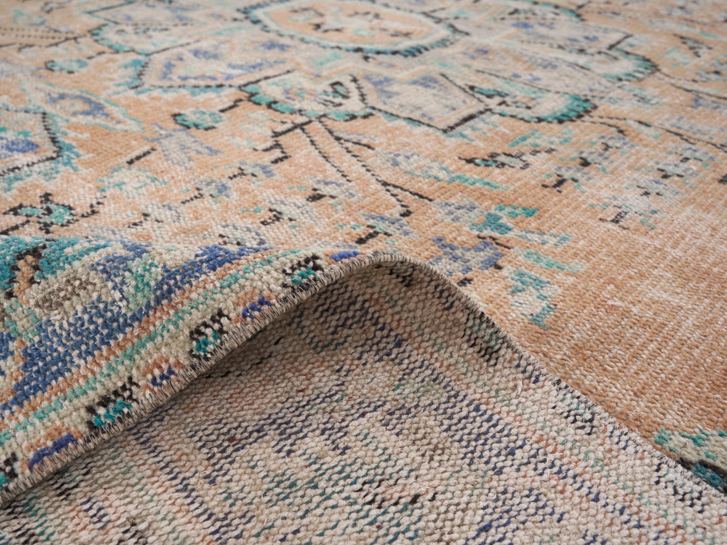 Turkish Manisa area rug in tan and denim, view 9 of 10
