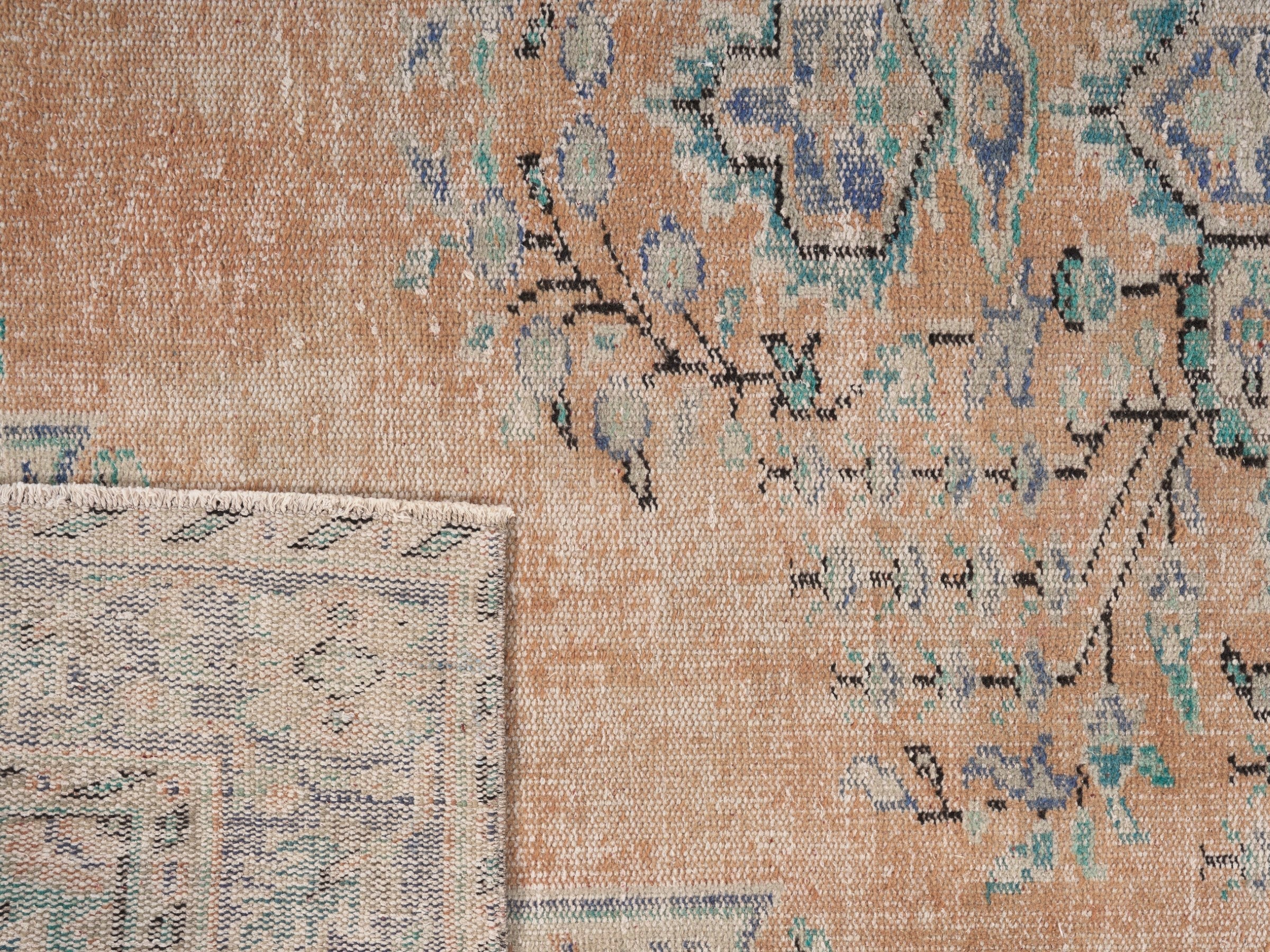 Turkish Manisa area rug in tan and denim, view 10 of 10