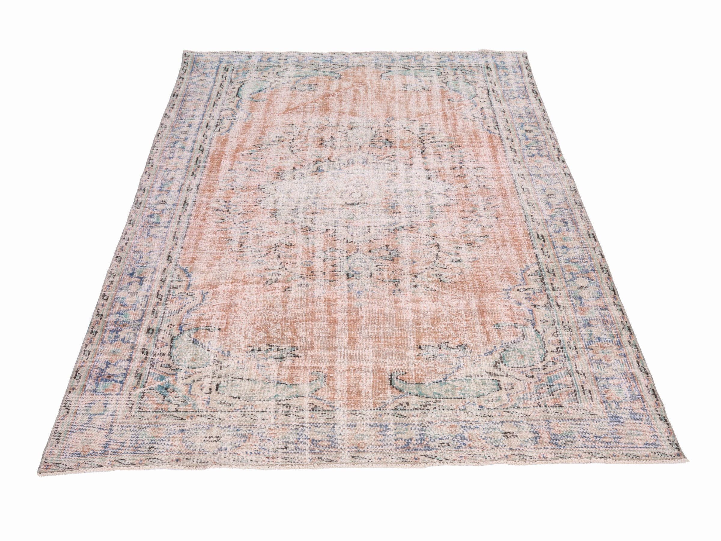 Turkish Manisa area rug in terracotta and dusty blue, view 2 of 10